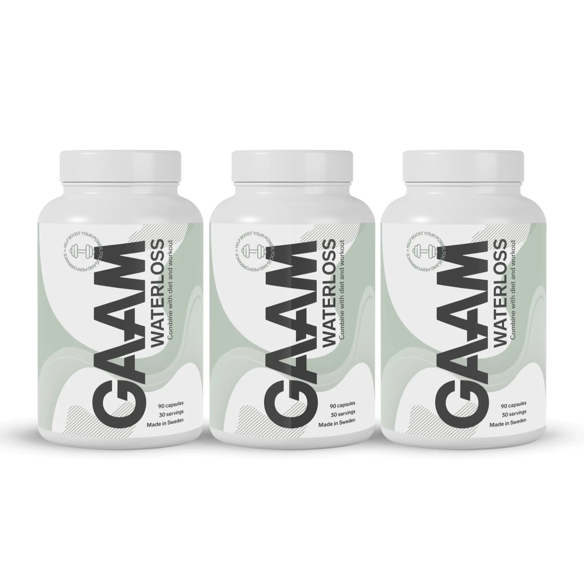 3 x GAAM Waterloss 90 caps i tre vita burkar med ljusgröna detaljer och svart text.