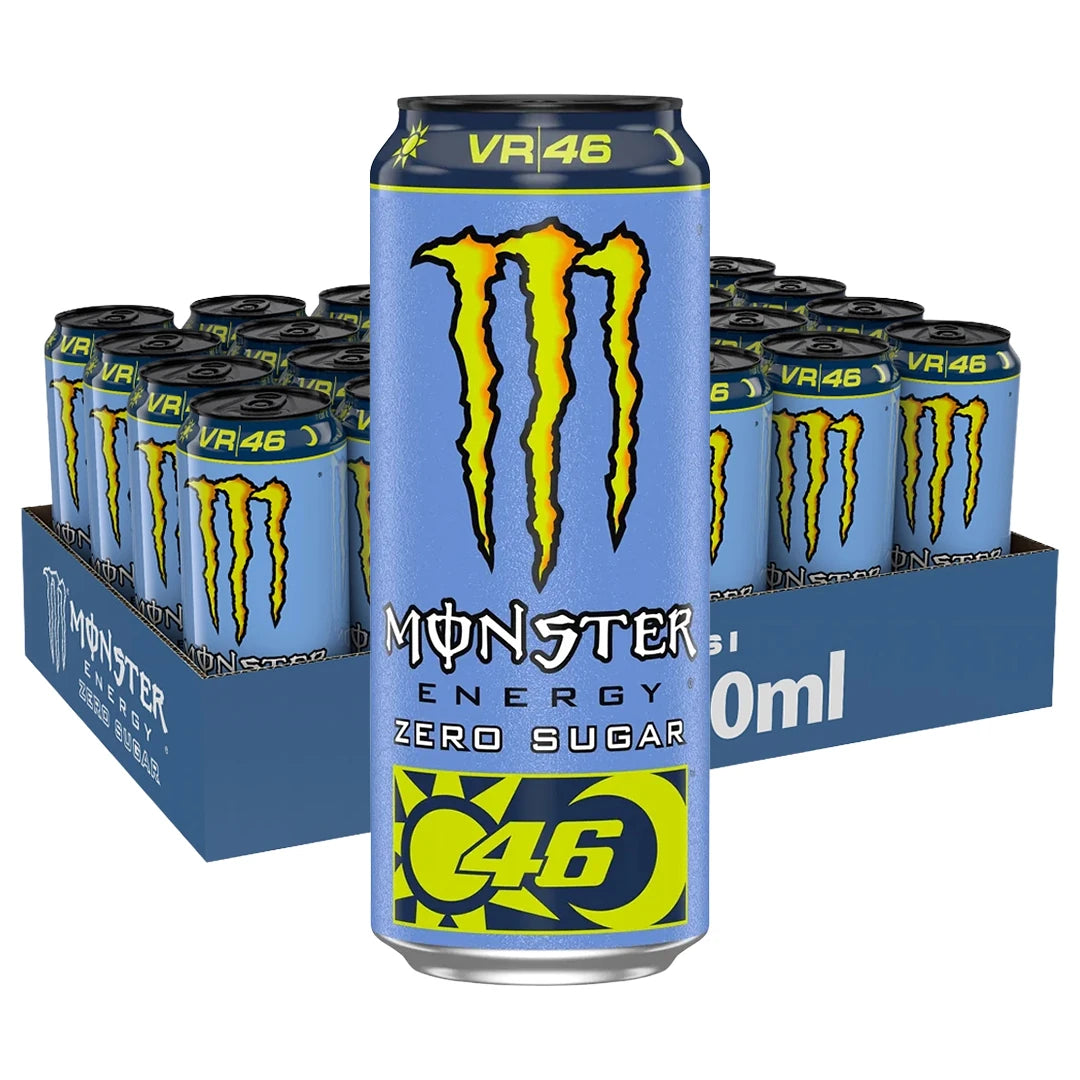 24 x Monster Energy 500 ml VR46 Zero Sugar i ett blått flak med ljusblå burkar och gul logotyp.