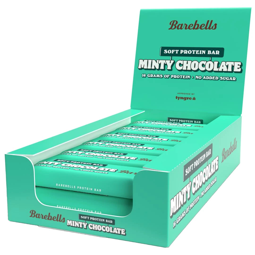 12 x Barebells Soft Bar 55 g Minty Chocolate i en turkos låda med matchande proteinbars i smaken mintchoklad.