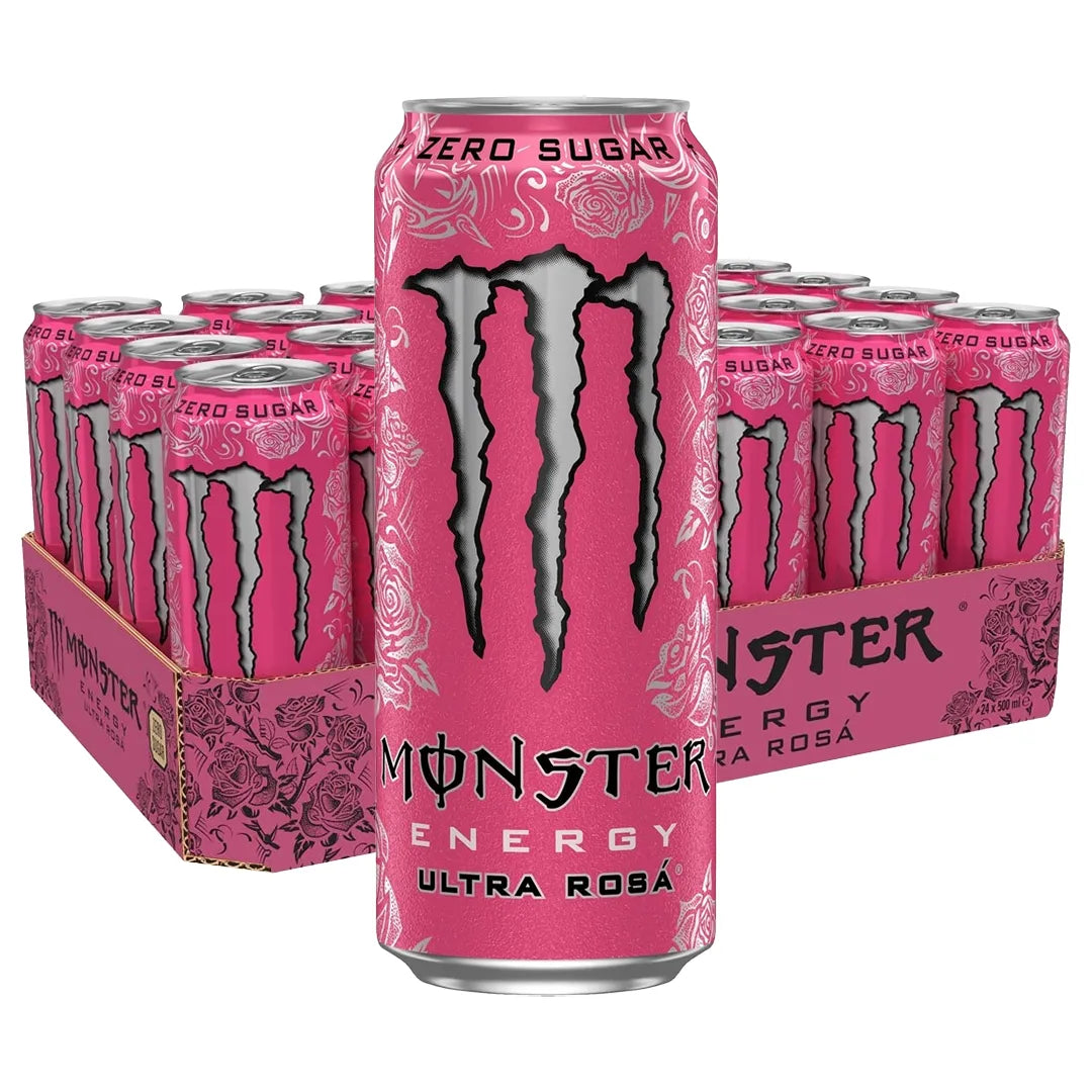 24 x Monster Energy 500 ml Ultra Rosa (sockerfri) i ett mönstrat rosa flak fyllt med rosa burkar.