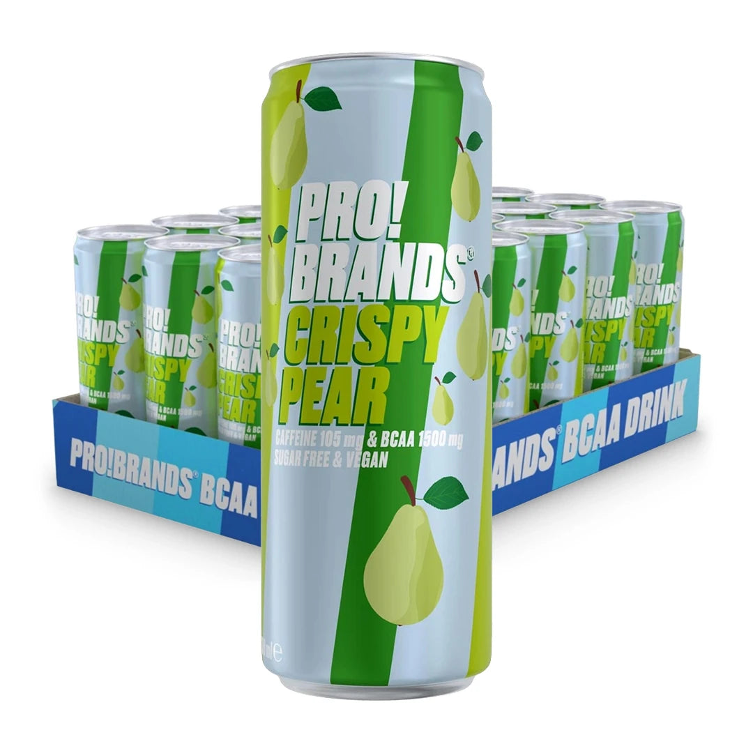 24 x Pro Brands BCAA Drink 330 ml Crispy Pear i ett blått flak med grönblå burkar dekorerade med päronmotiv.