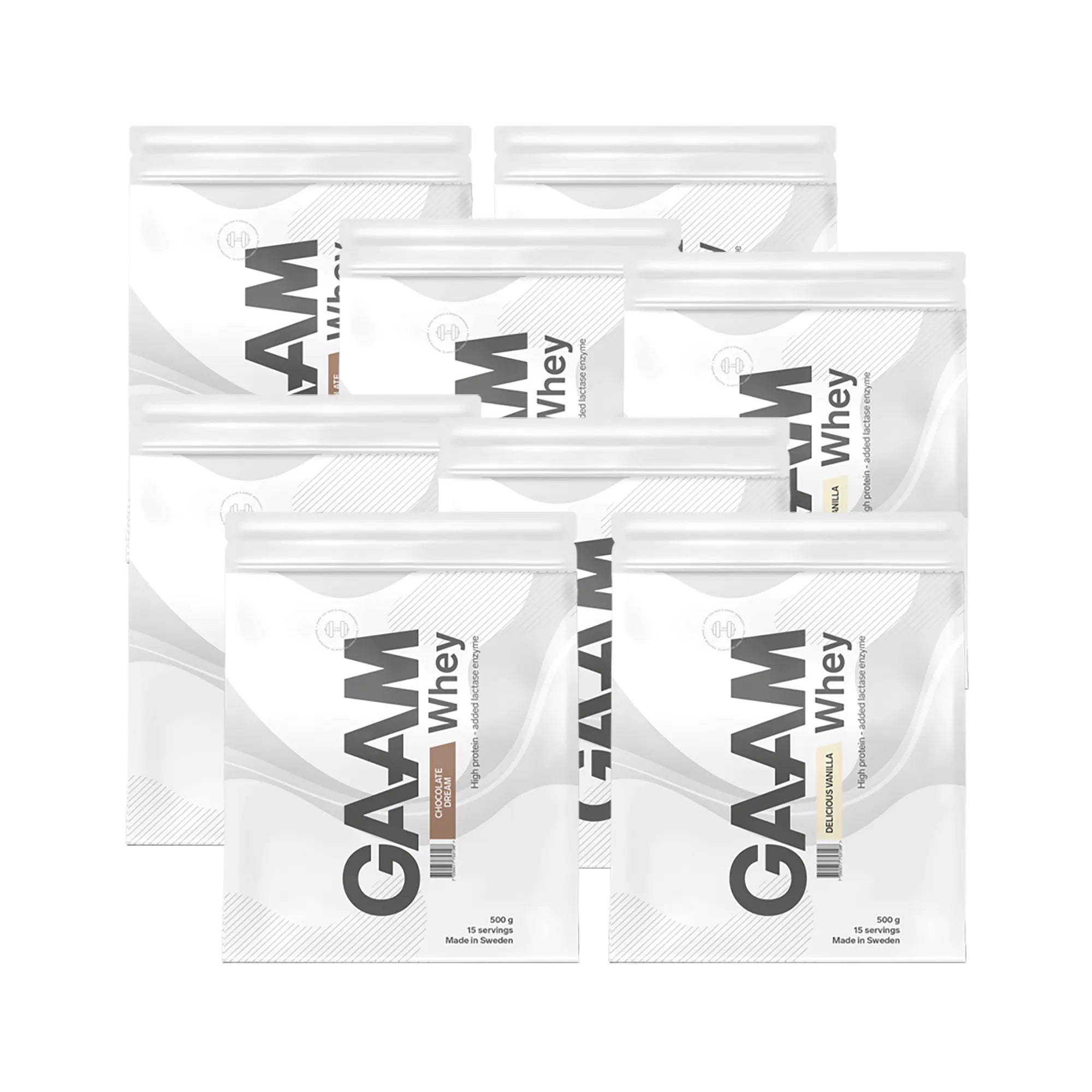 8 x GAAM Whey Proteinpulver 500 g i vita påsar med svarta detaljer för flera olika smaker.
