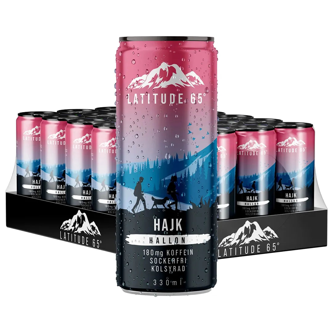 24 x Latitude 65 330 ml HAJK - Hallon energidryck i ett svart flak med burkar i rosa, blå och svart design.