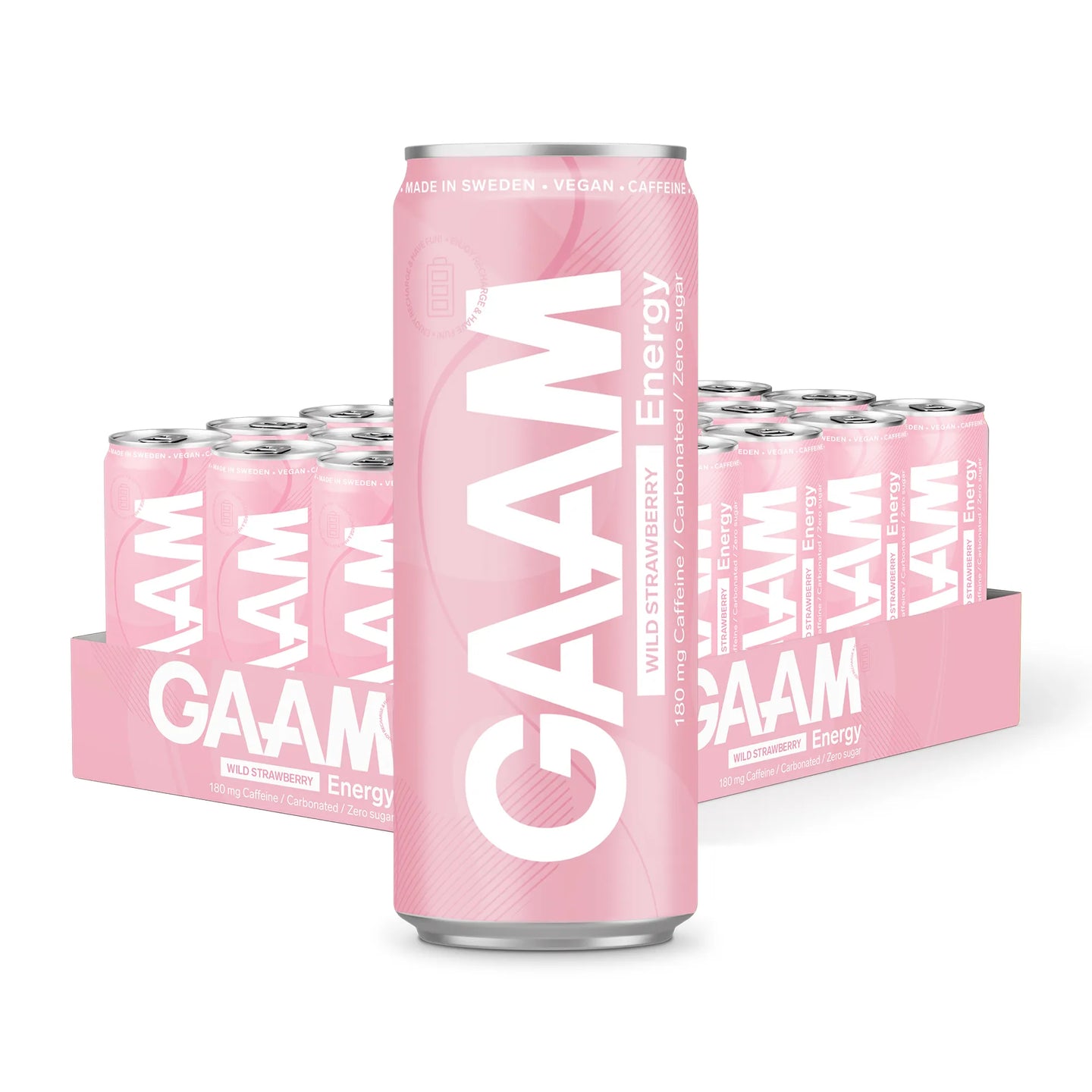 24 x GAAM Energy 330 ml Wild Strawberry energidryck i ett rosa flak med ljusrosa burkar.