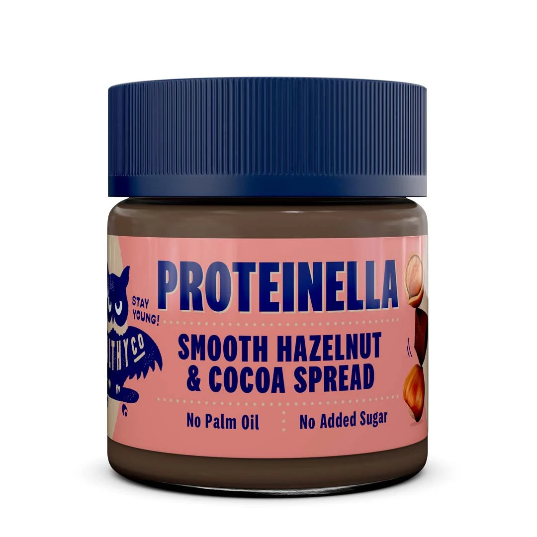 HealthyCo Proteinella 200 g nötcreme i en burk med rosa etikett och blått lock för smaken Hazelnut.
