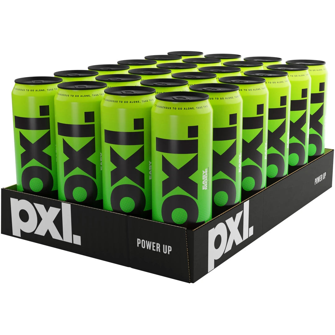 24 x PXL Energy 500 ml Easy Mode i ett svart flak med neongröna energidrycksburkar och svart logotyp.