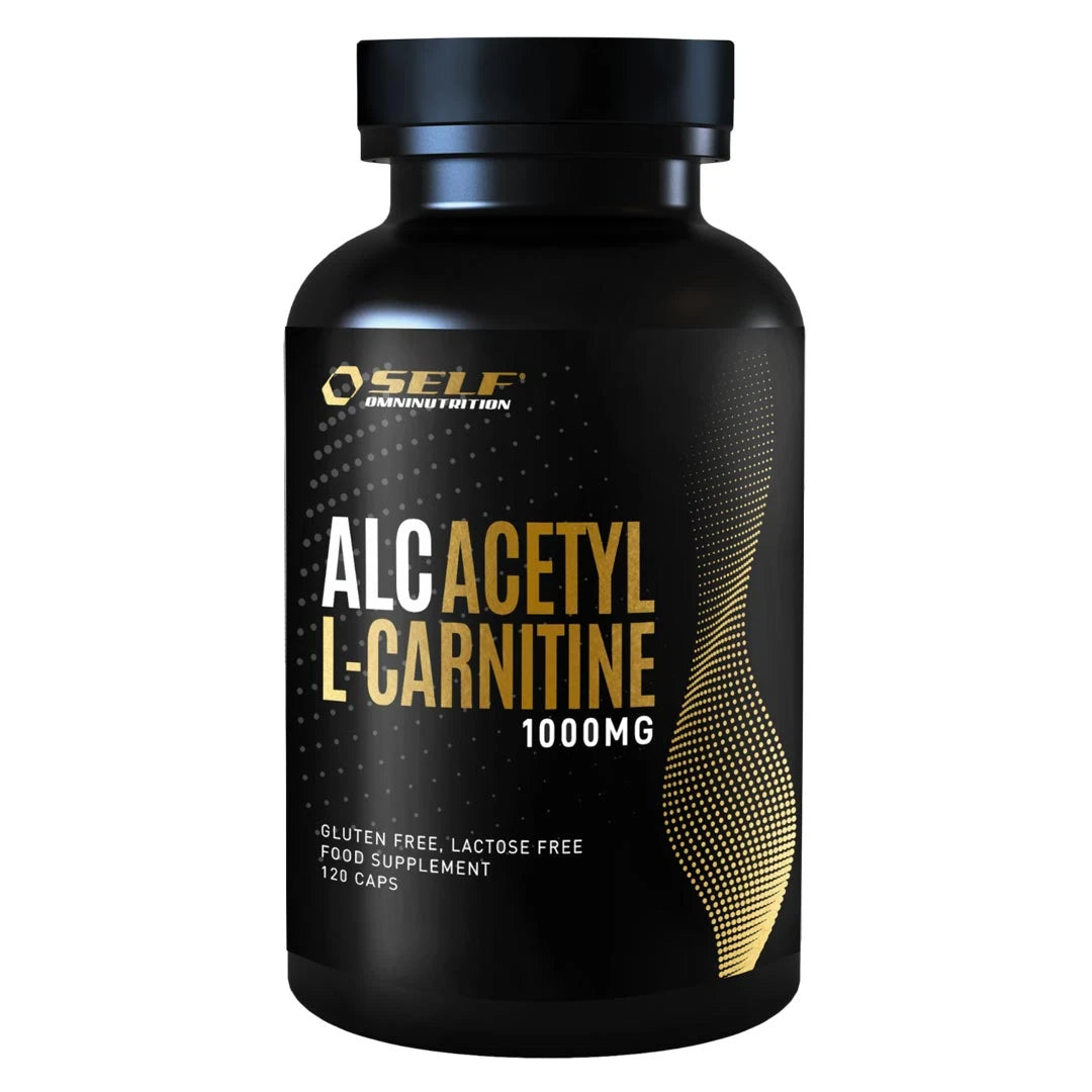 Self Omninutrition ALC 120 caps kosttillskott i en svart plastburk med guldiga detaljer.