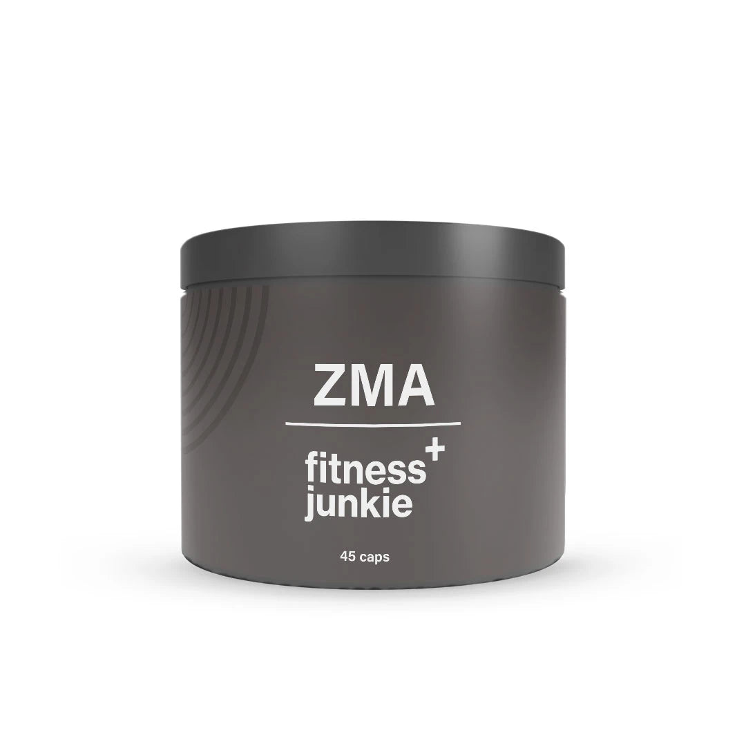 fitnessjunkie ZMA 45 caps kosttillskott i en stilren mörkgrå burk med vit text.