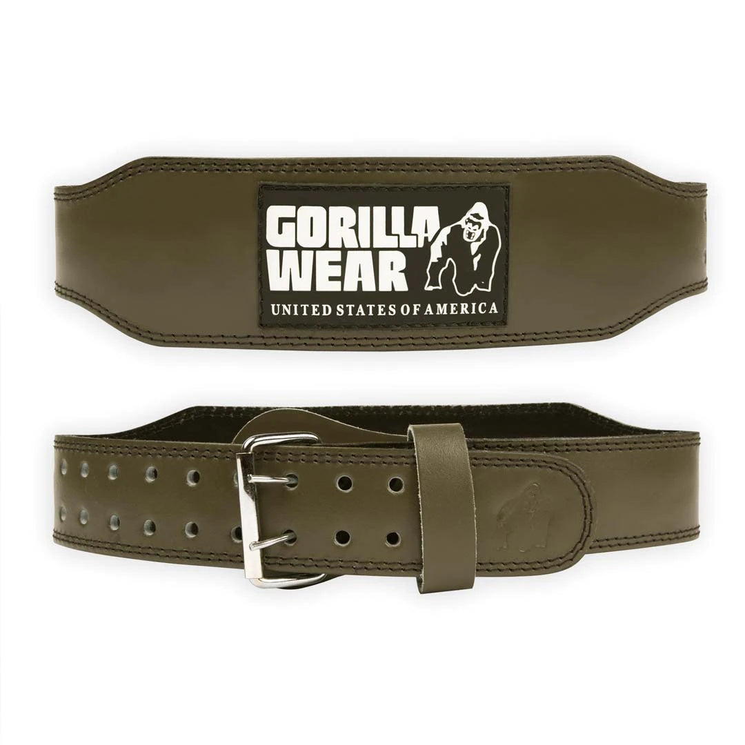 Gorilla Wear 4 Inch Padded Leather Belt Army Green är ett militärgrönt träningsbälte i läder med stort logotypryck och dubbelspänne.