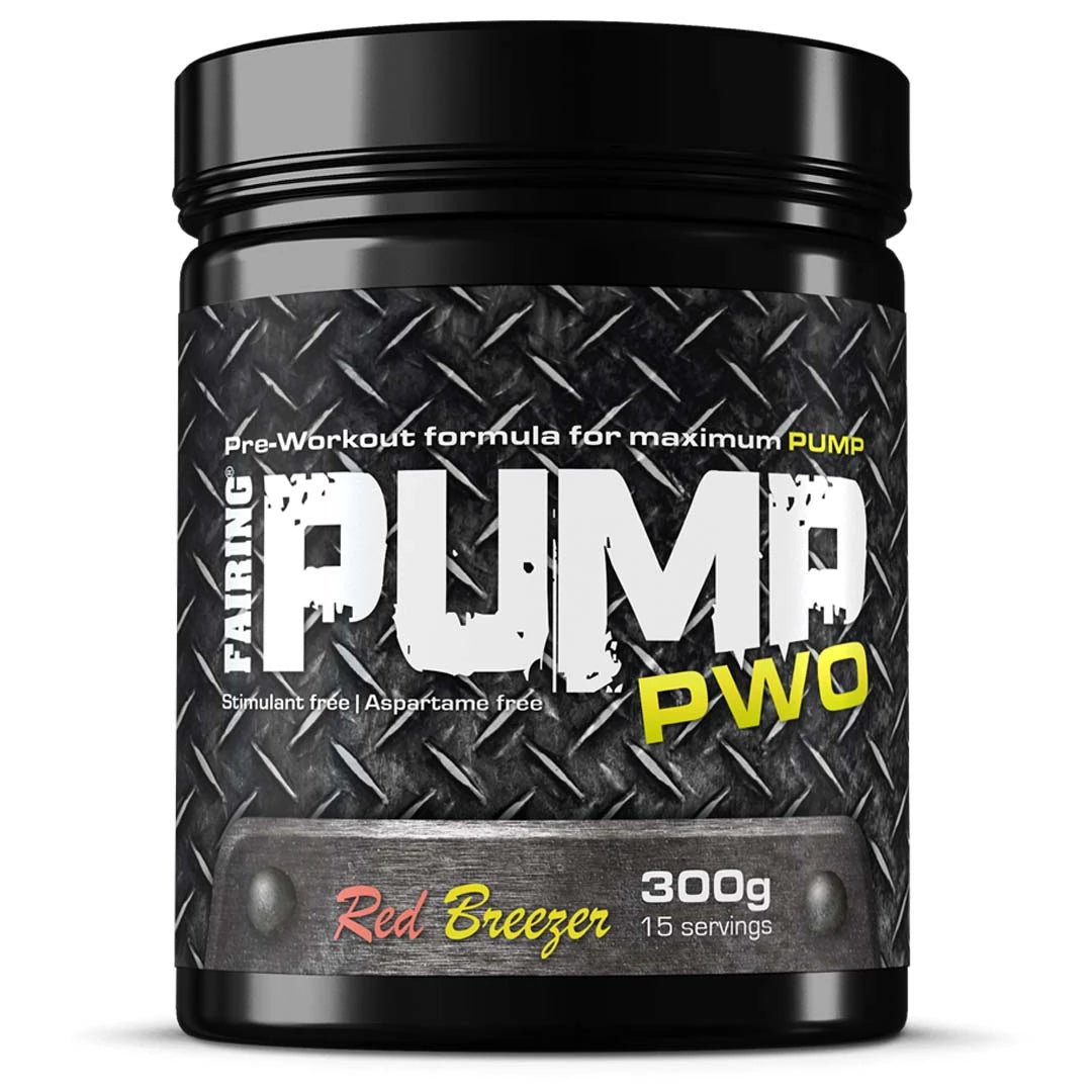 Fairing PUMP 300 g pre-workout pulver i en svart burk med mönstrad etikett och smaken Red Breezer.