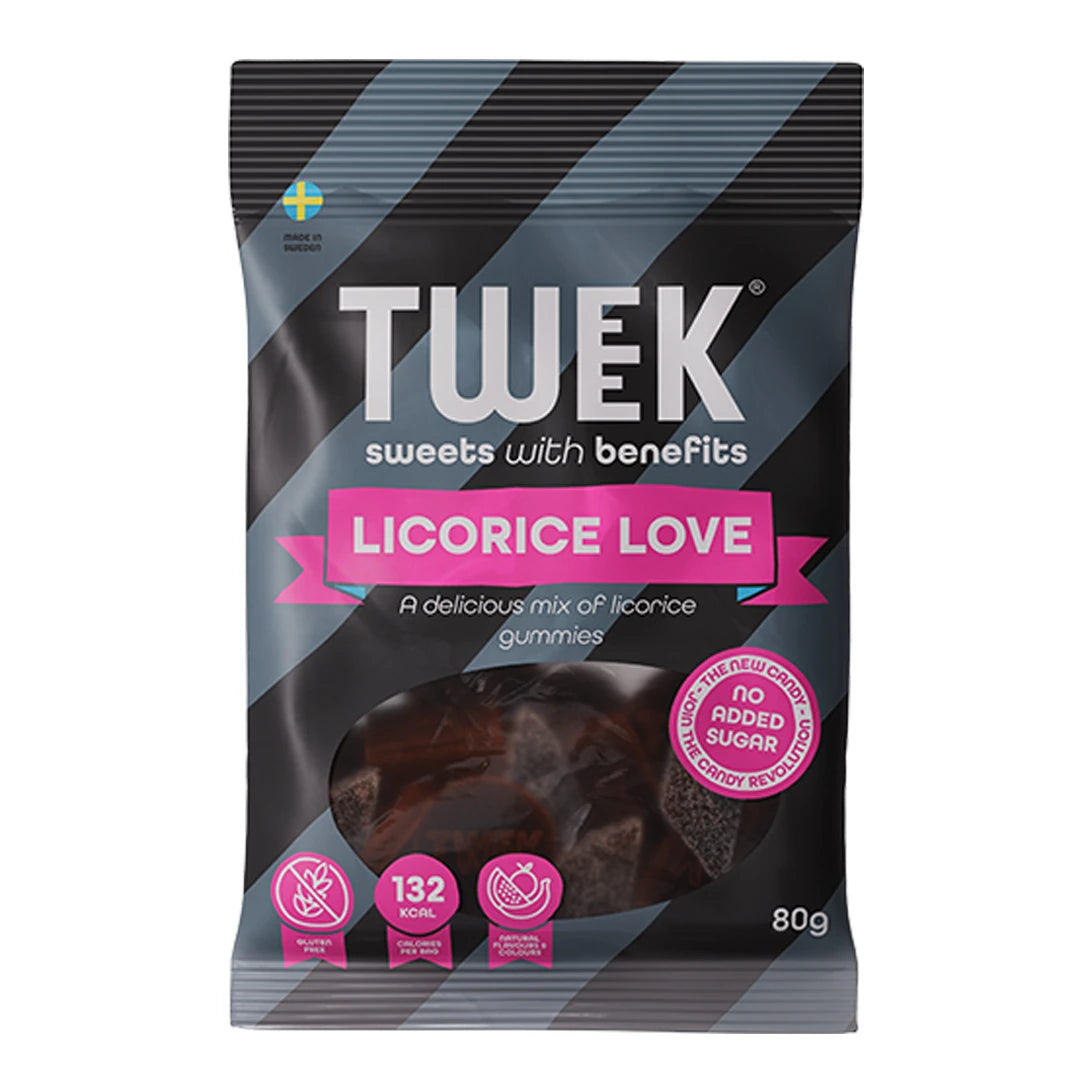 Tweek Sweets 80 g godispåse i svart och grått med rosa detaljer för smaken Licorice Love., bild 6 av 7