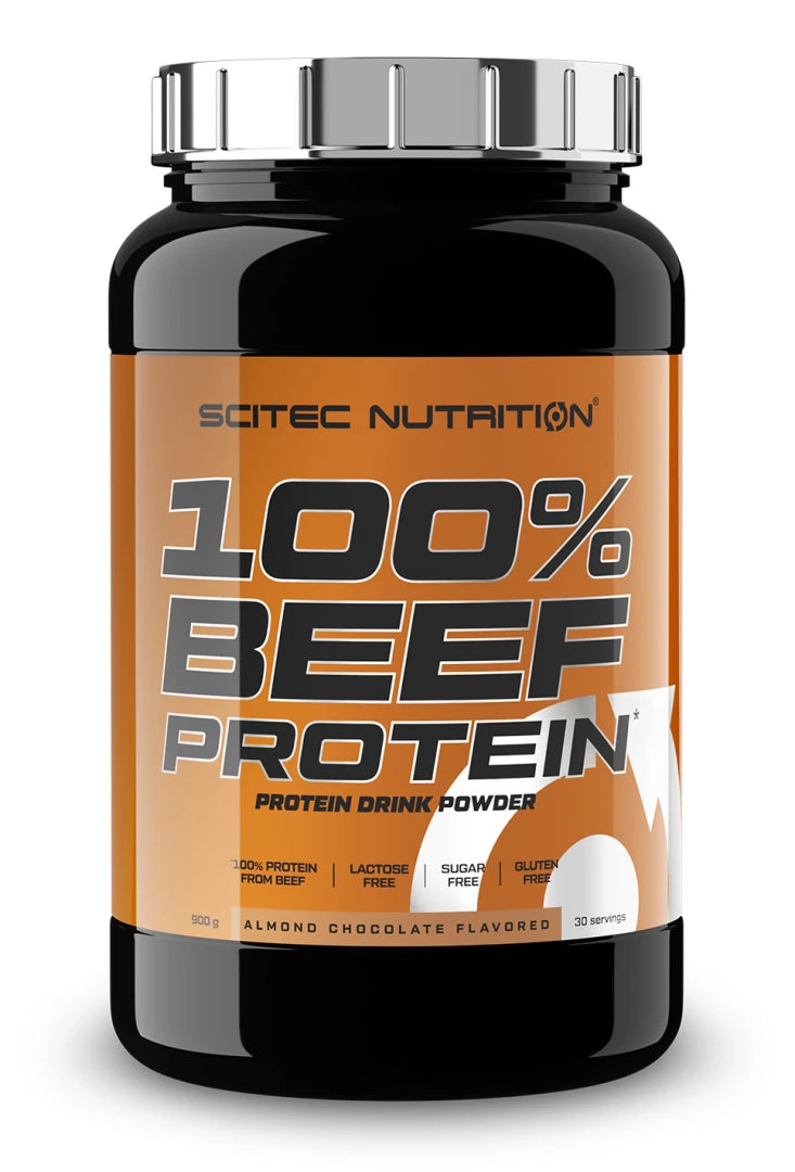 Scitec Nutrition 100% Hydro Beef Peptides 900 g biffproteinpulver i en svart burk med orange etikett.
