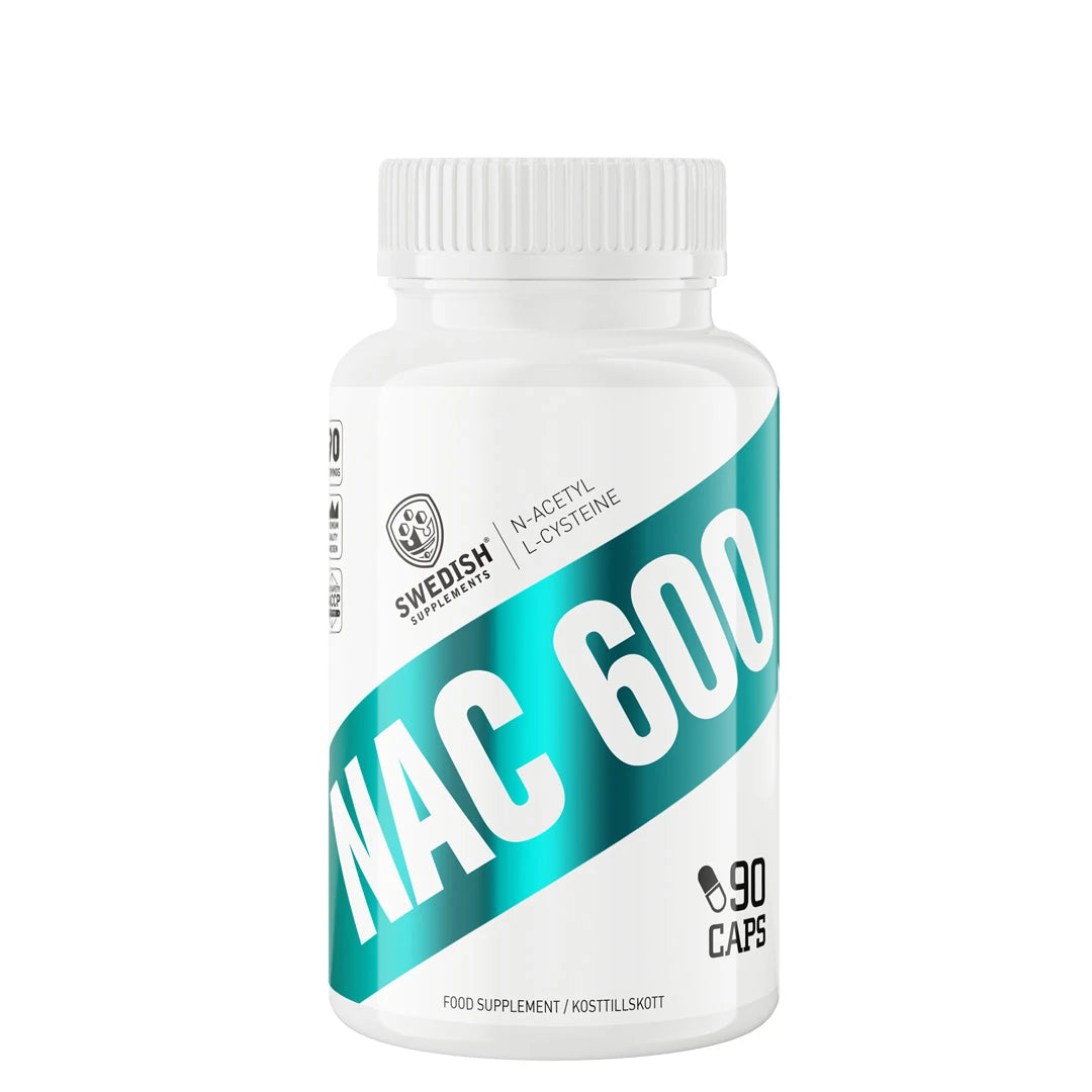 Swedish Supplements NAC 600 90 caps i en vit burk med turkos text för aminosyran N-acetyl-L-cystein.