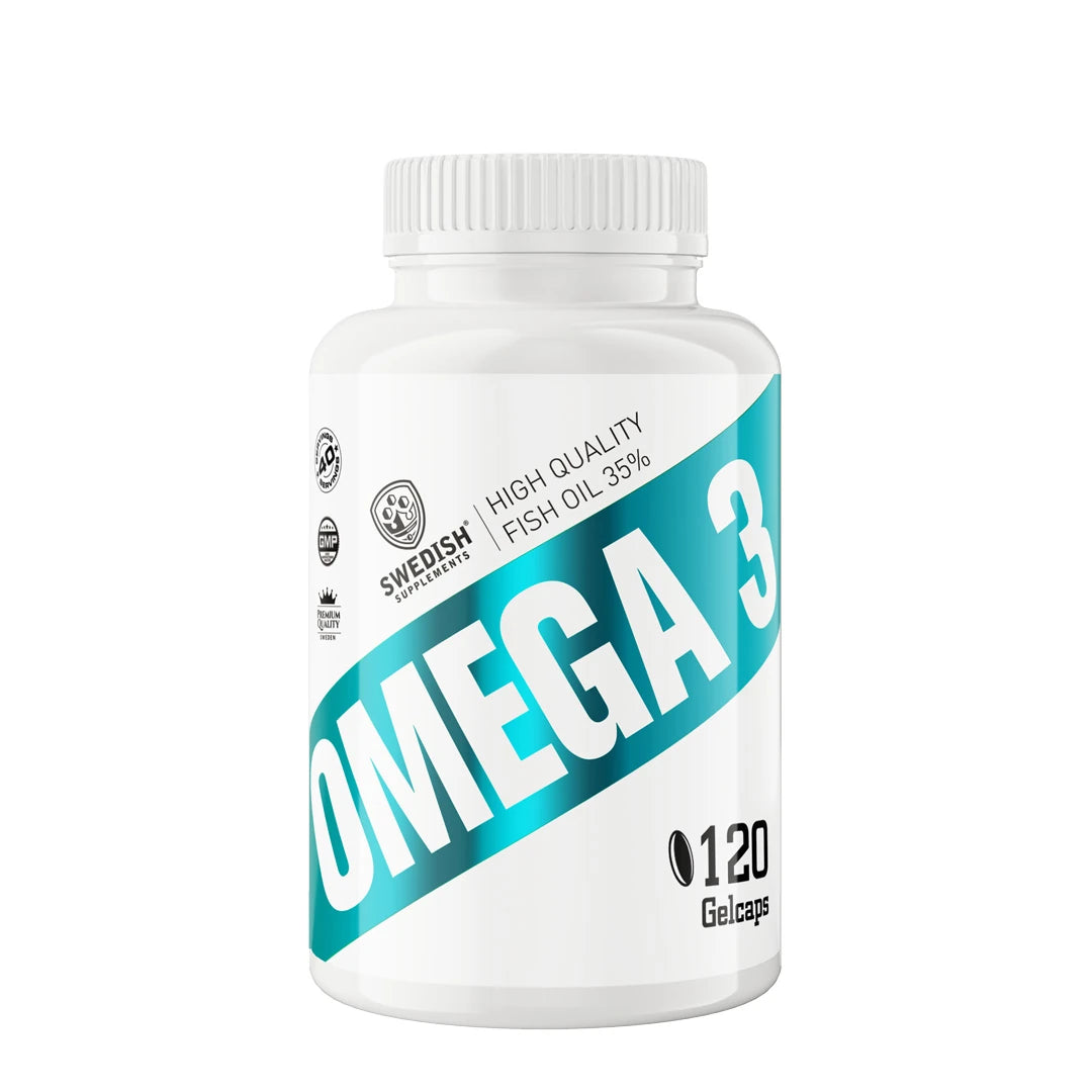 Swedish Supplements Omega 3 70% 120 caps i en vit burk med turkosa detaljer.