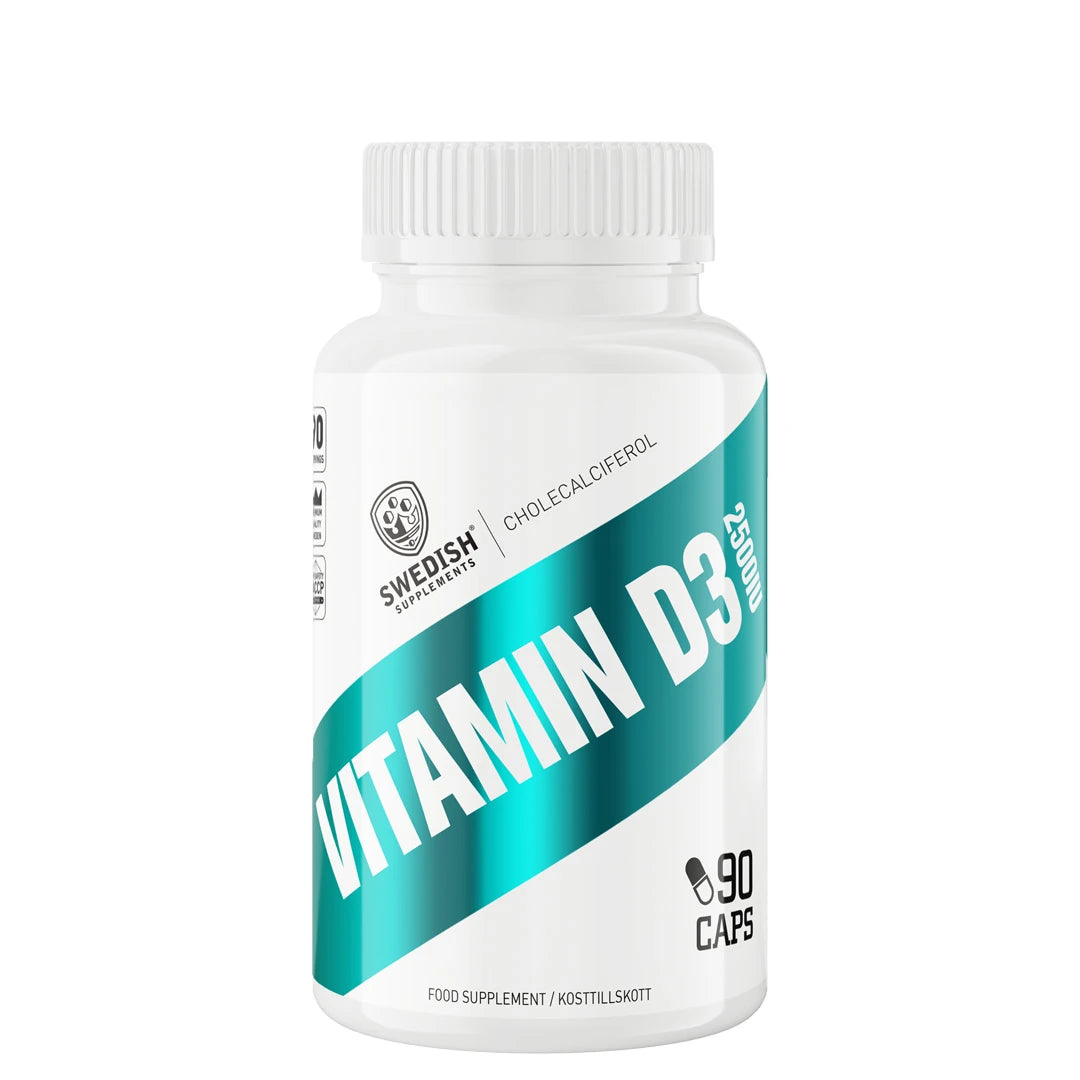 Swedish Supplements Vitamin D3 2500IU 90 caps i en vit burk med turkos och svart etikett.