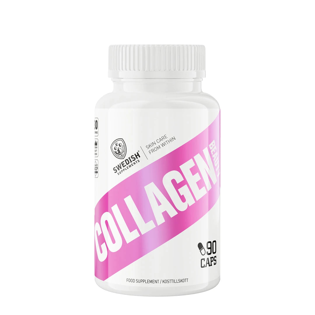 Swedish Supplements Collagen Beauty 90 caps kosttillskott förpackad i en vit burk med stora rosa detaljer.