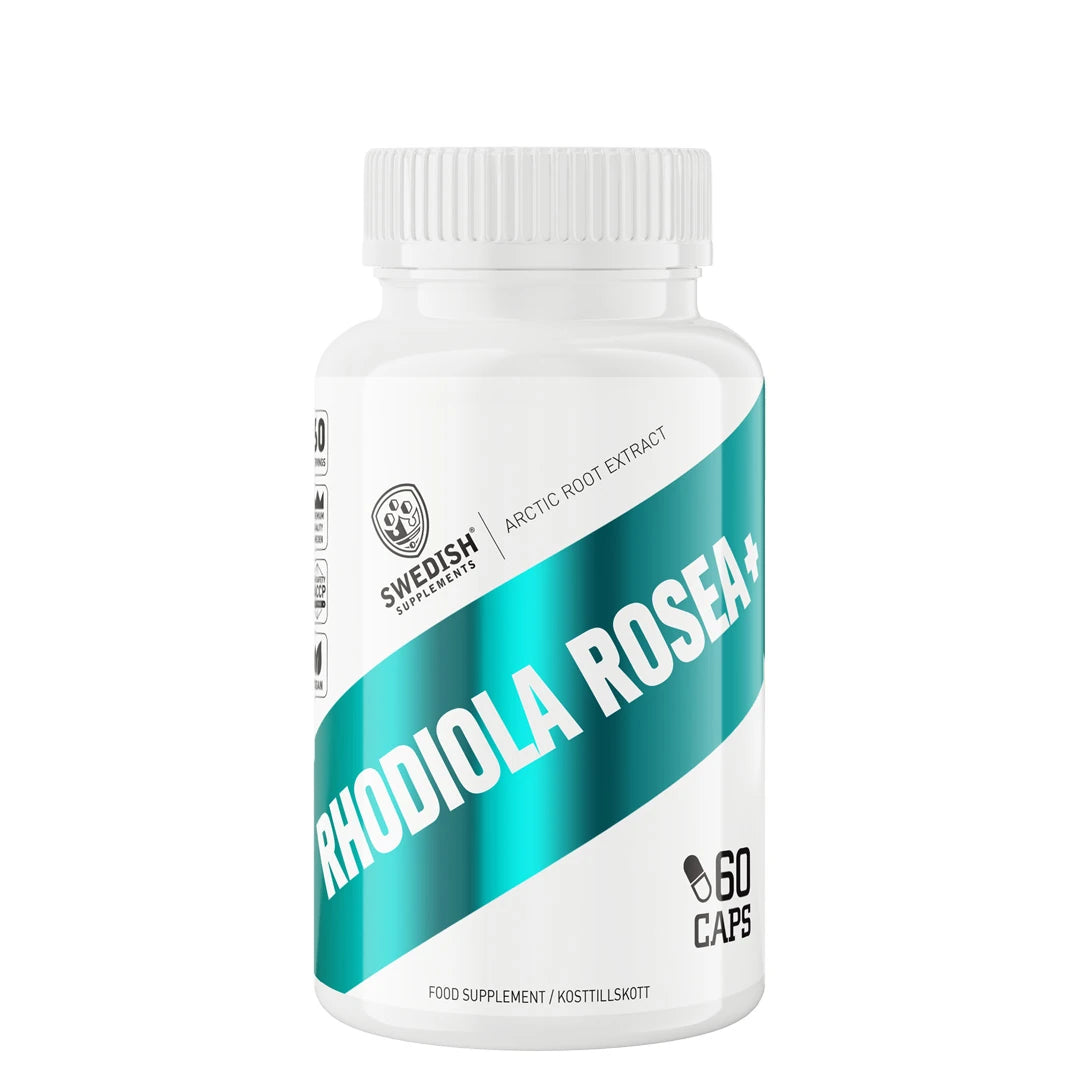 Swedish Supplements Rhodiola Rosea+ 60 caps kosttillskott i en vit burk med turkosa detaljer på etiketten.