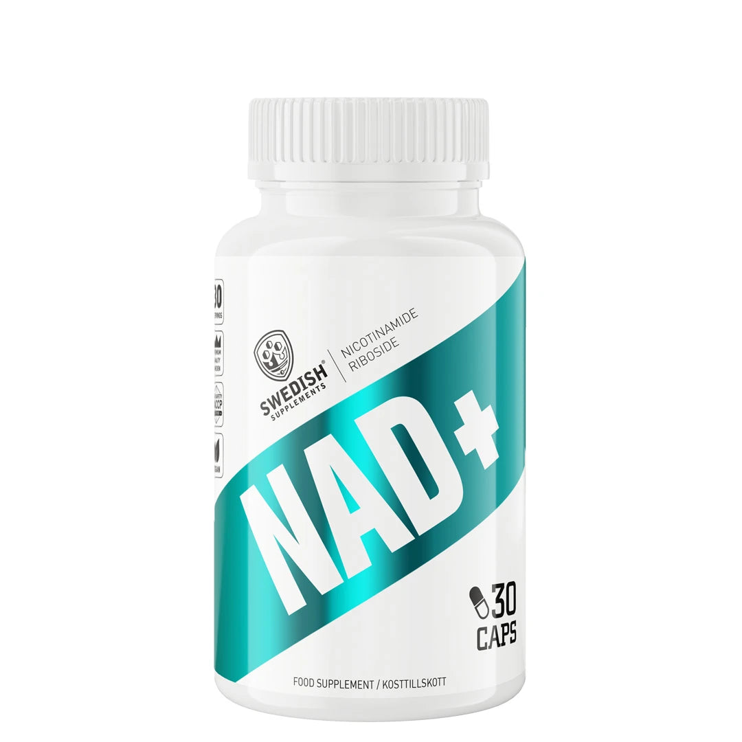 Swedish Supplements NAD+ 30 caps i en vit burk med en bred turkos bård och svart text.