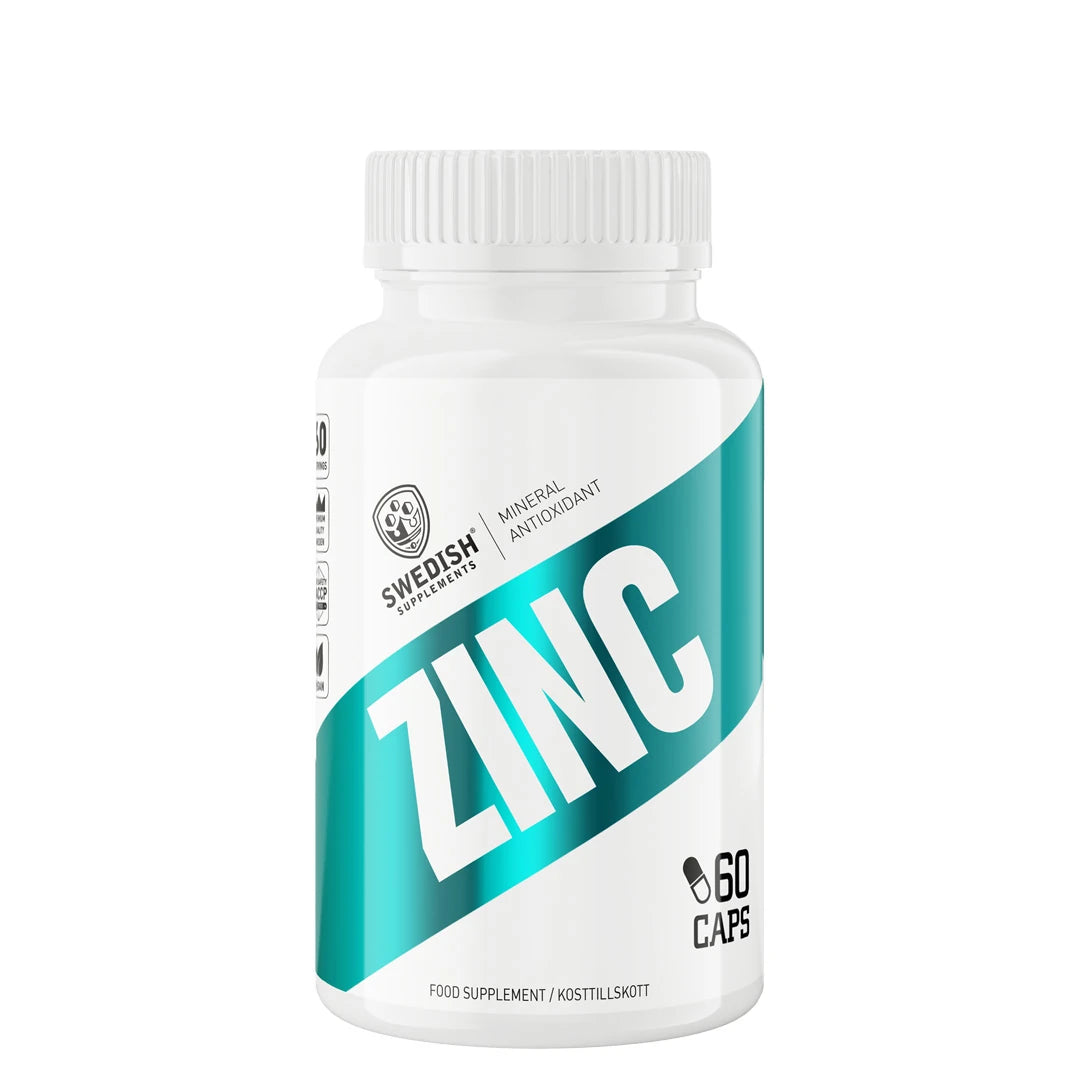 Swedish Supplements Zink 60 caps kosttillskott, förpackad i en vit burk med turkosa detaljer.
