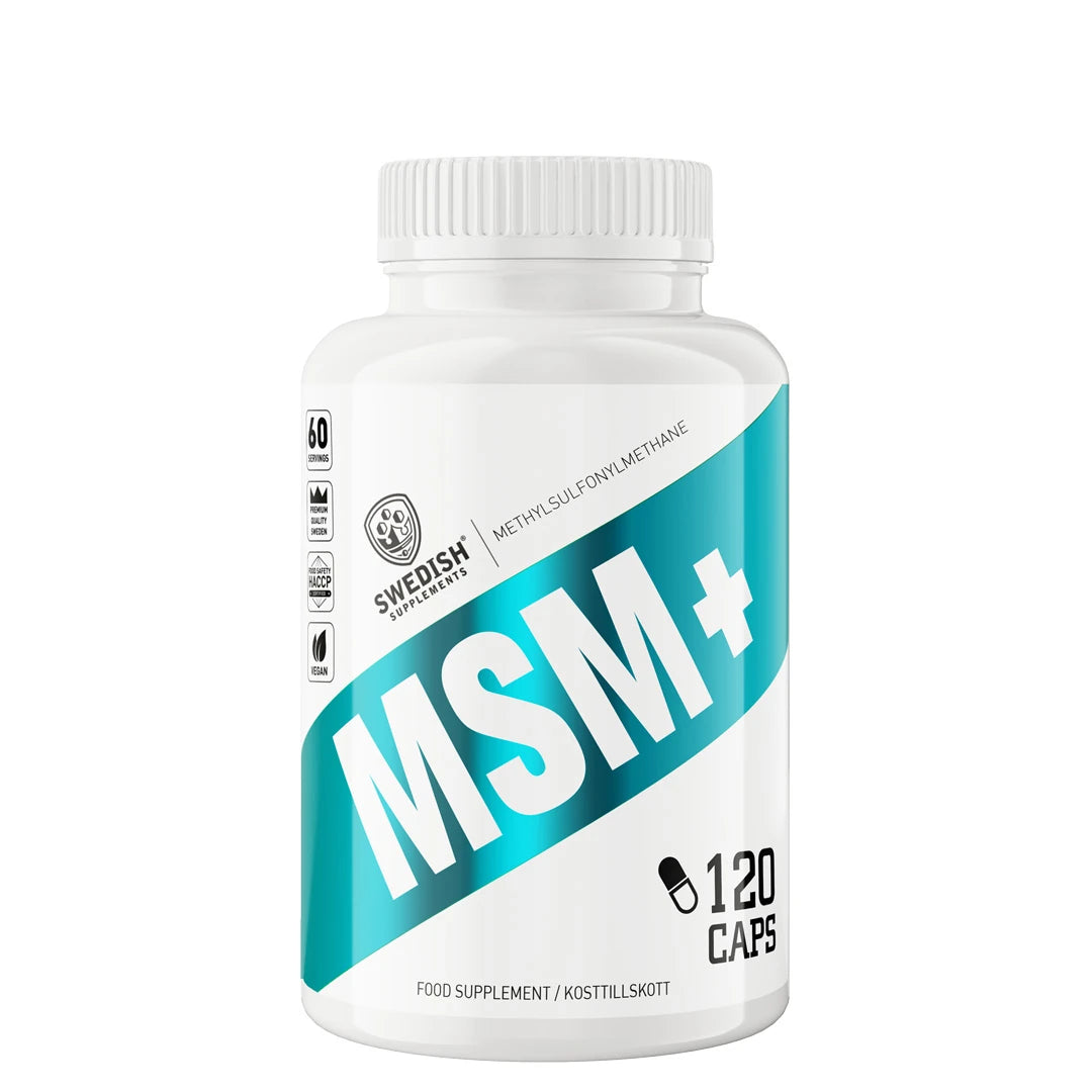 Swedish Supplements MSM+ 120 caps i en vit burk med en turkos snedställd rand och vit text.