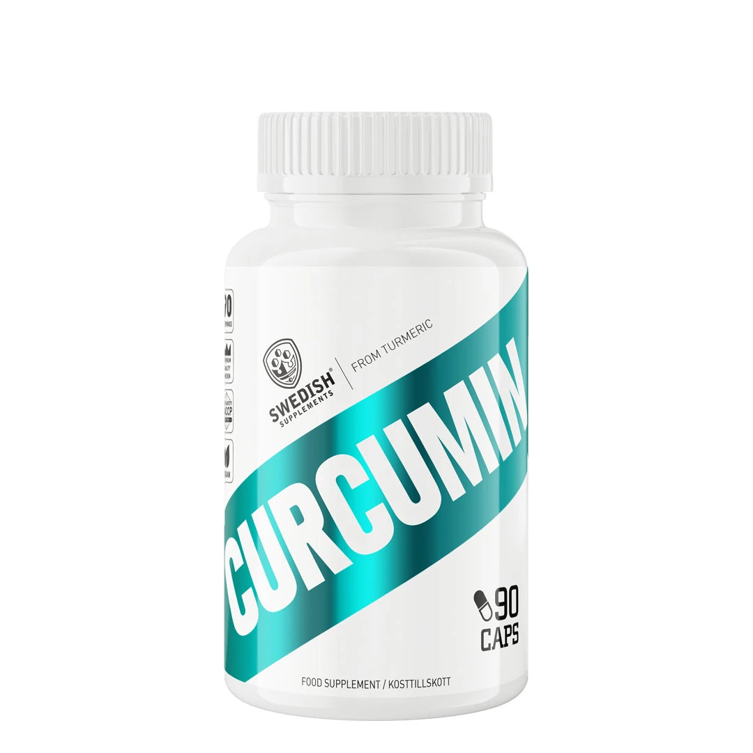Swedish Supplements Curcumin 90 caps kosttillskott i en vit plastburk med turkosa grafiska detaljer.