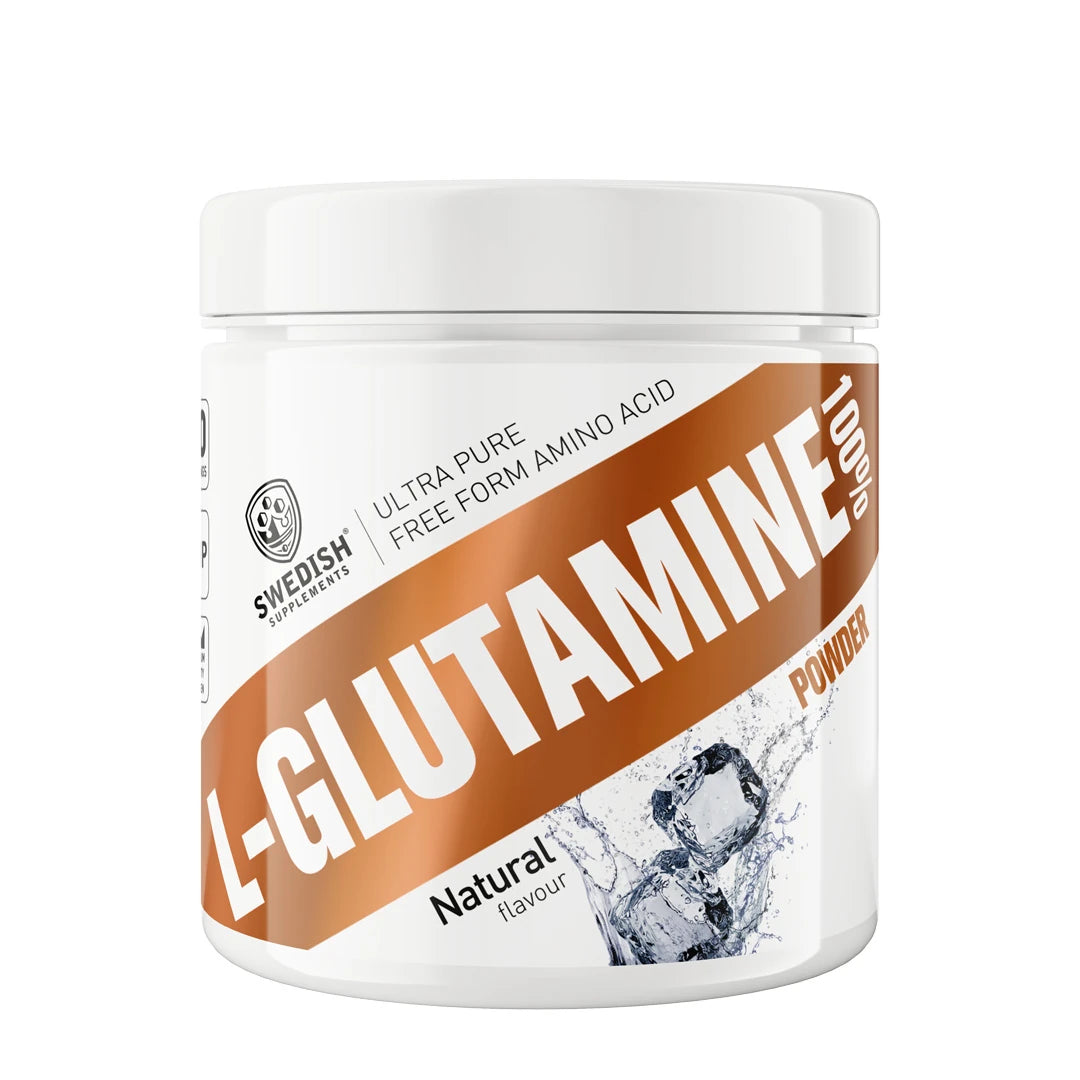 Swedish Supplements L-Glutamine 250 g aminosyrapulver i en vit burk med bronsfärgade detaljer och naturell smak., bild 1 av 1