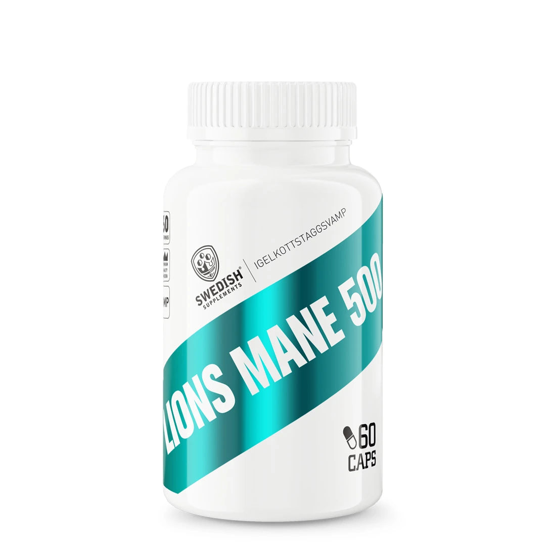Swedish Supplements Lions Mane 500 60 caps i en vit burk med turkosa detaljer.