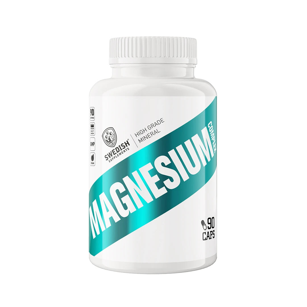 Swedish Supplements Magnesium Complex 90 caps i en vit burk med en bred turkos detalj över etiketten.