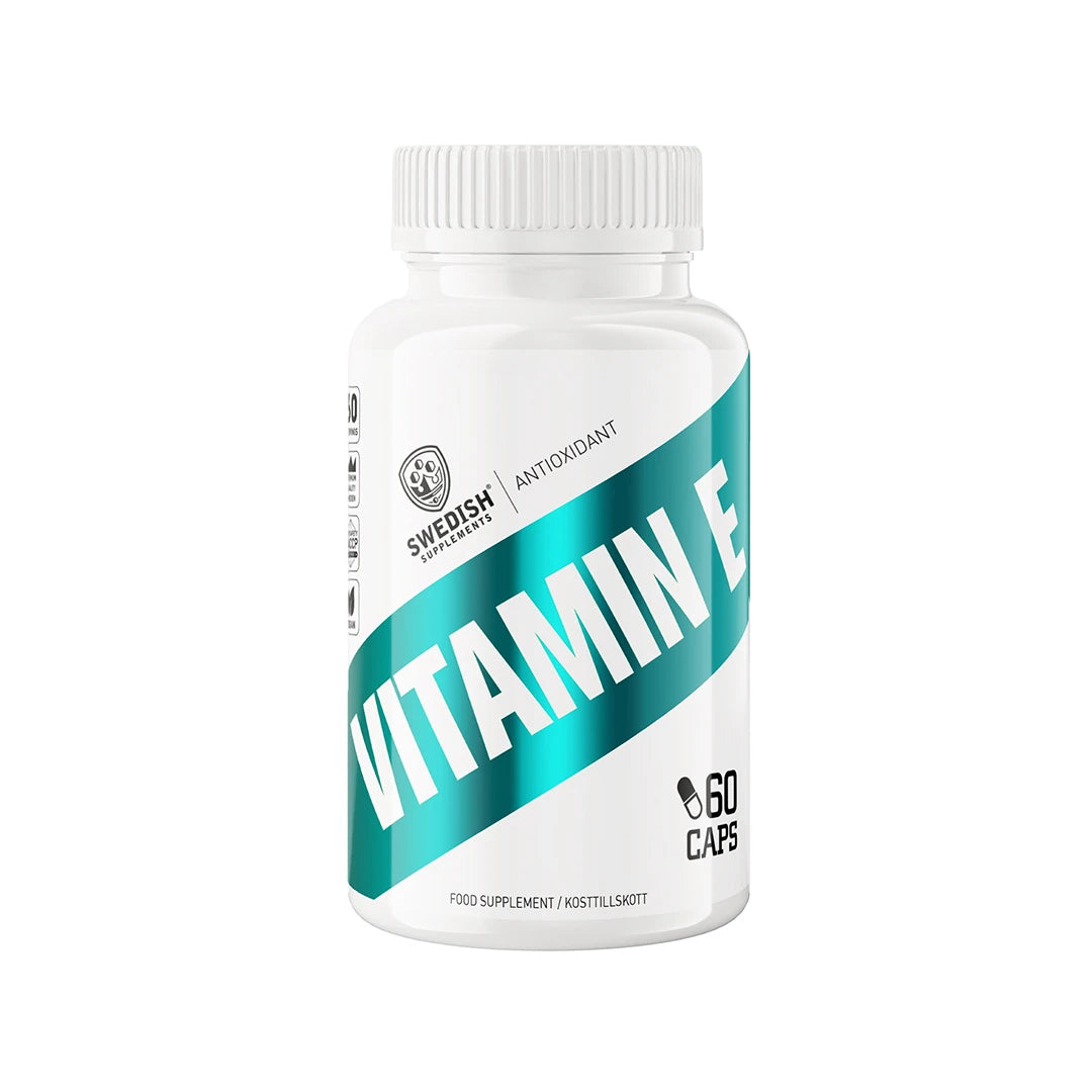 Swedish Supplements Vitamin E 60 caps i en vit burk med grön etikett och text för antioxidant.