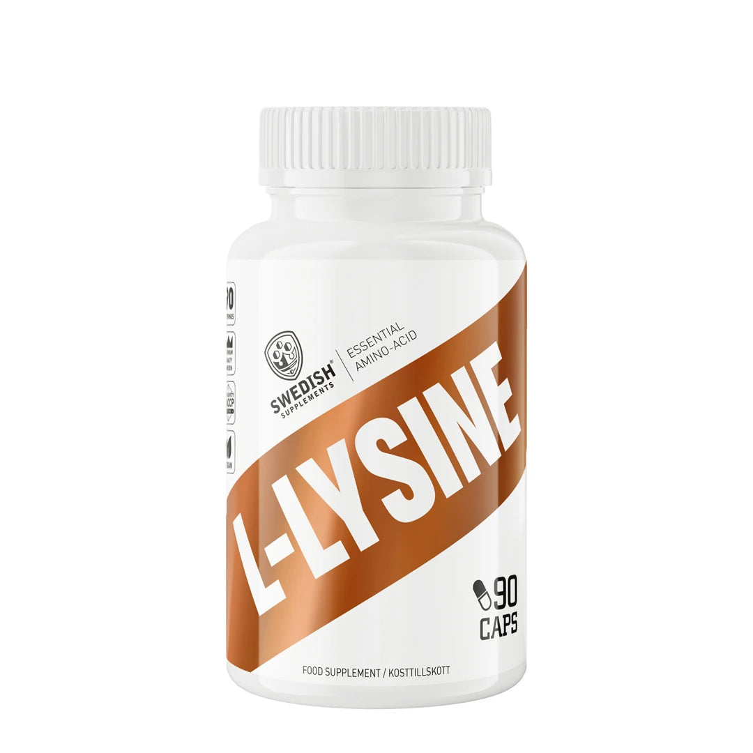 Swedish Supplements L-Lysin 90 caps förpackad i en vit plastburk med bruna detaljer.