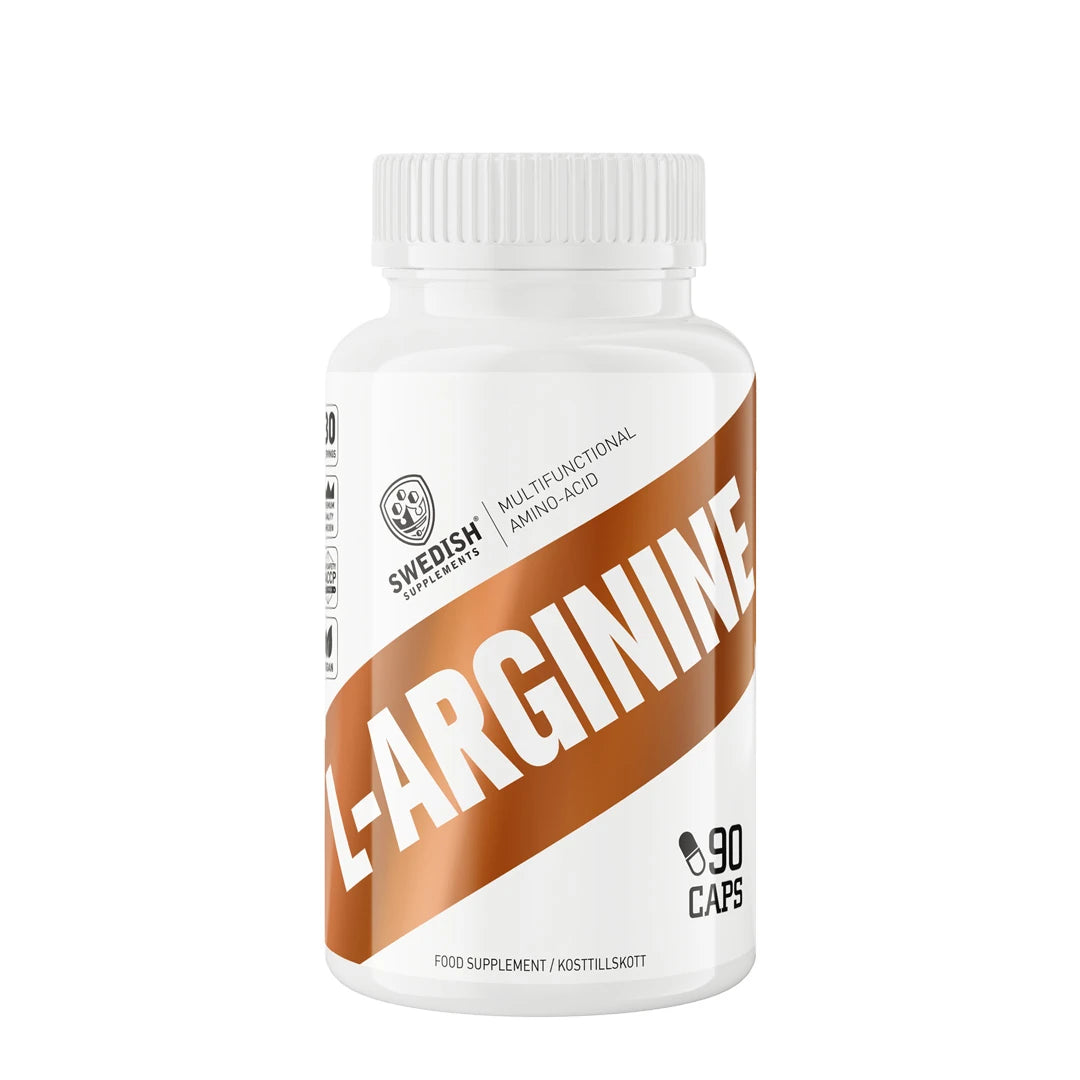 Swedish Supplements L-Arginin 90 caps aminosyra i en vit plastburk med bruna detaljer på etiketten.