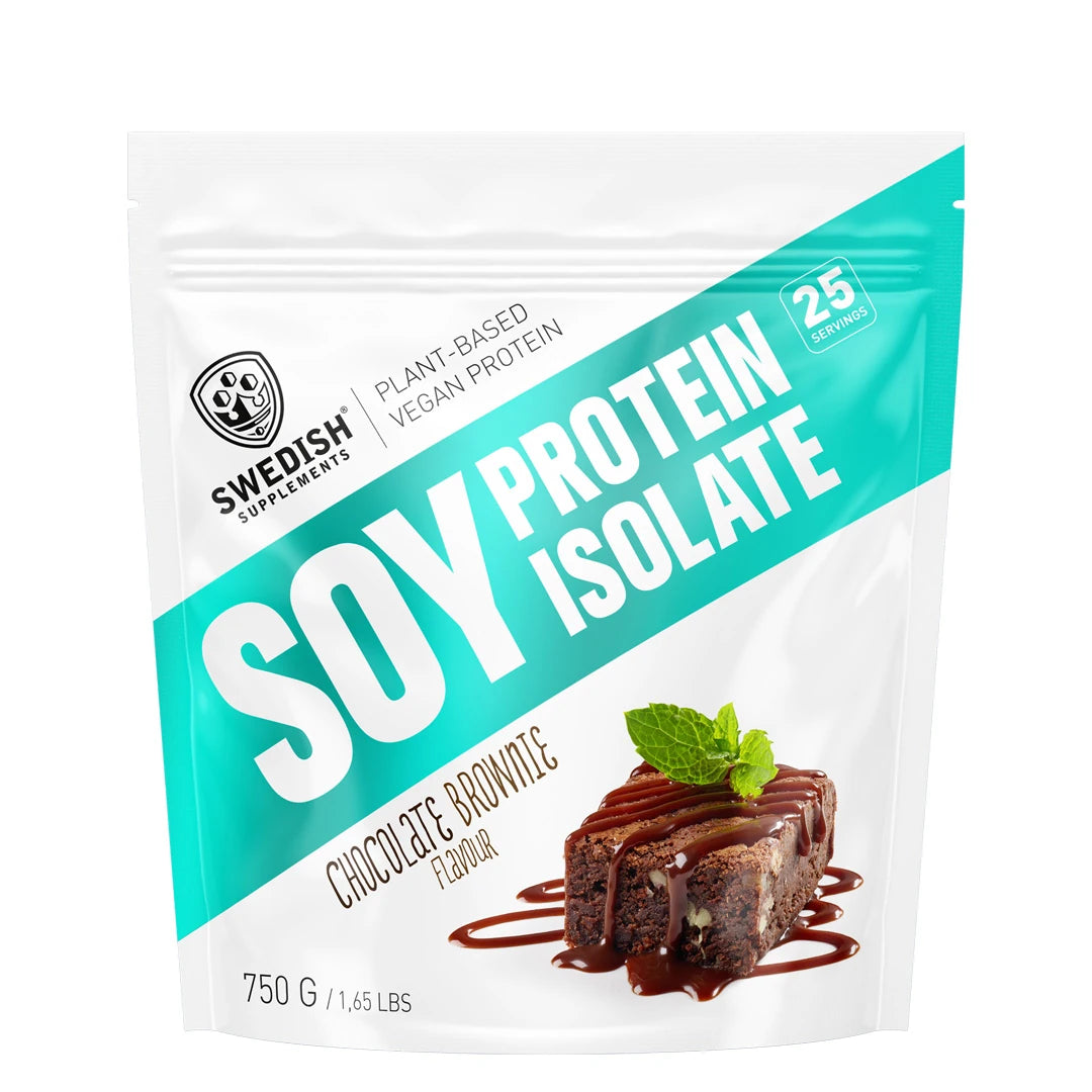 Swedish Supplements Soy Protein Isolate 750 g Naturell proteinpulver i vit påse med turkosa detaljer och en brownie.