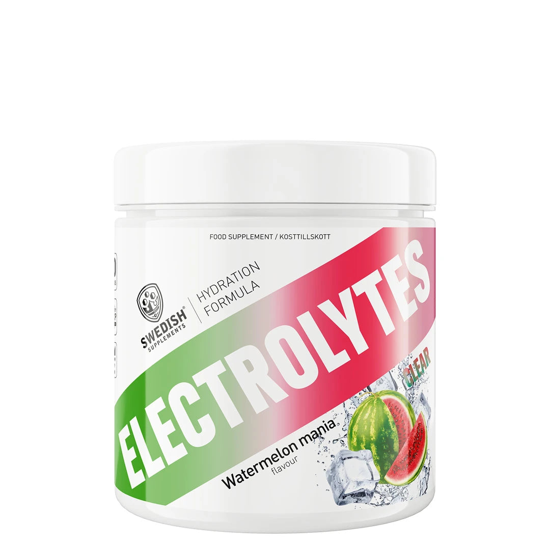 Swedish Supplements Clear Electrolytes 240 g i en vit burk med motiv av vattenmelon och is för smaken Watermelon Mania.