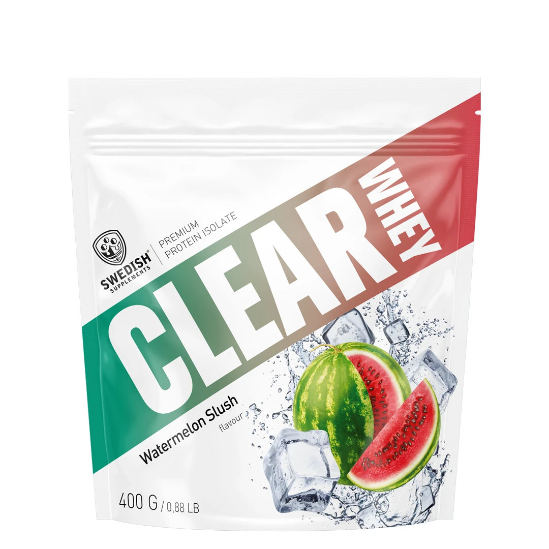Swedish Supplements Clear Whey 400 g proteinpulver i vit påse med röd och grön grafik för smaken Watermelon Slush.