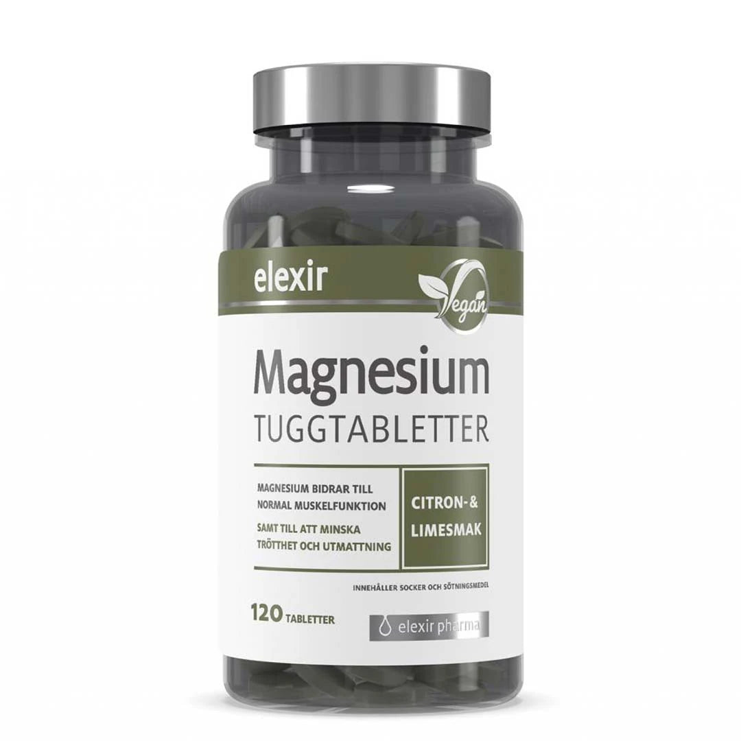 Elexir Pharma Magnesium Tuggtabletter 120 tabs i en transparent burk med grön och vit etikett.