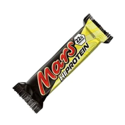 Mars Hi Protein Bar 59 g förpackad i ett svart och guldigt omslag med den klassiska röda logotypen.