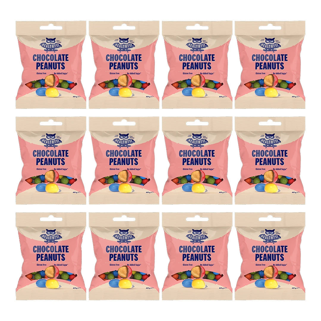 12 x Healthyco Chocolate 40 g Peanuts i rosa påsar med färgglada chokladdoppade jordnötter., bild 1 av 1