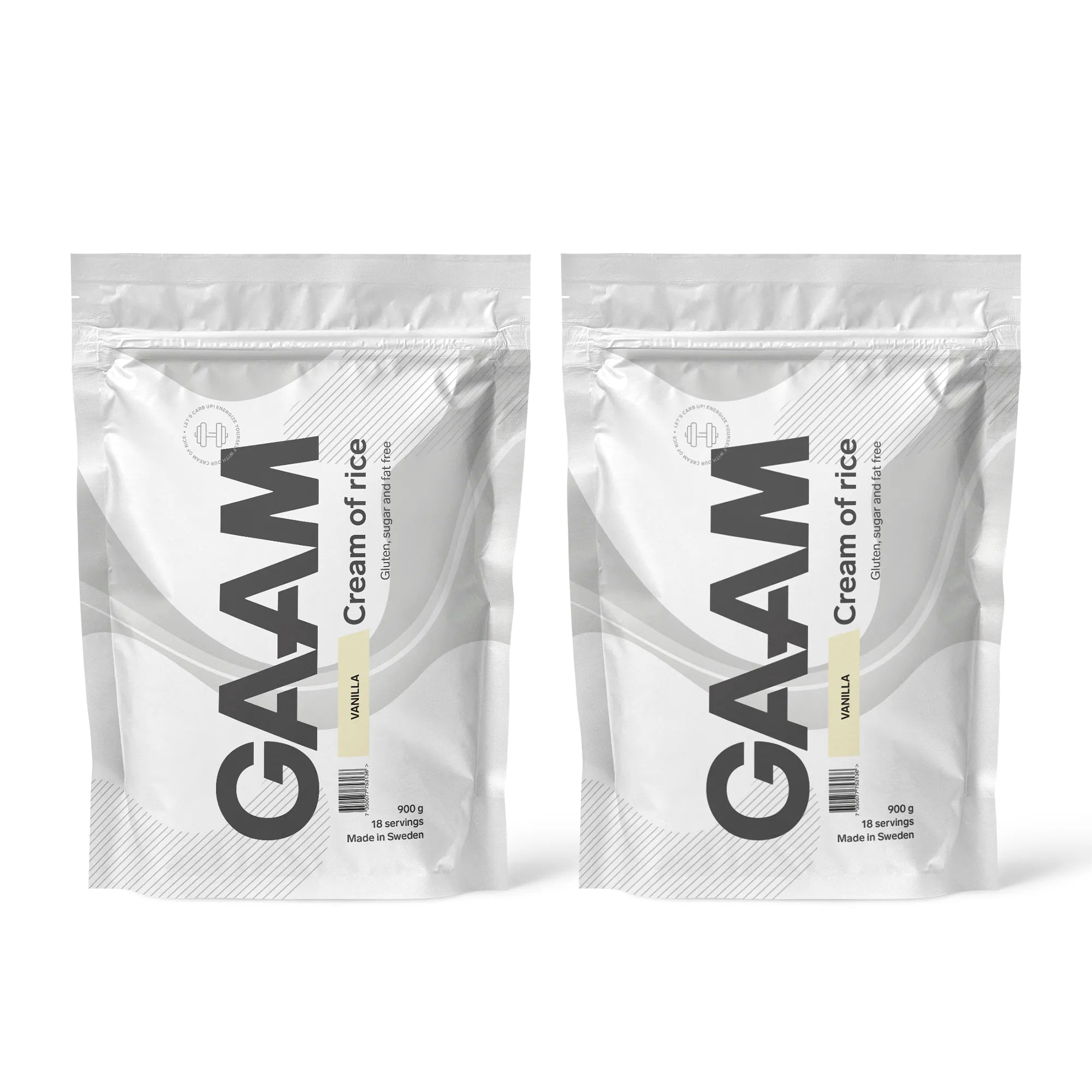 2 x GAAM Cream of Rice 900 g i två vita påsar med grå detaljer för smaken Vanilla.