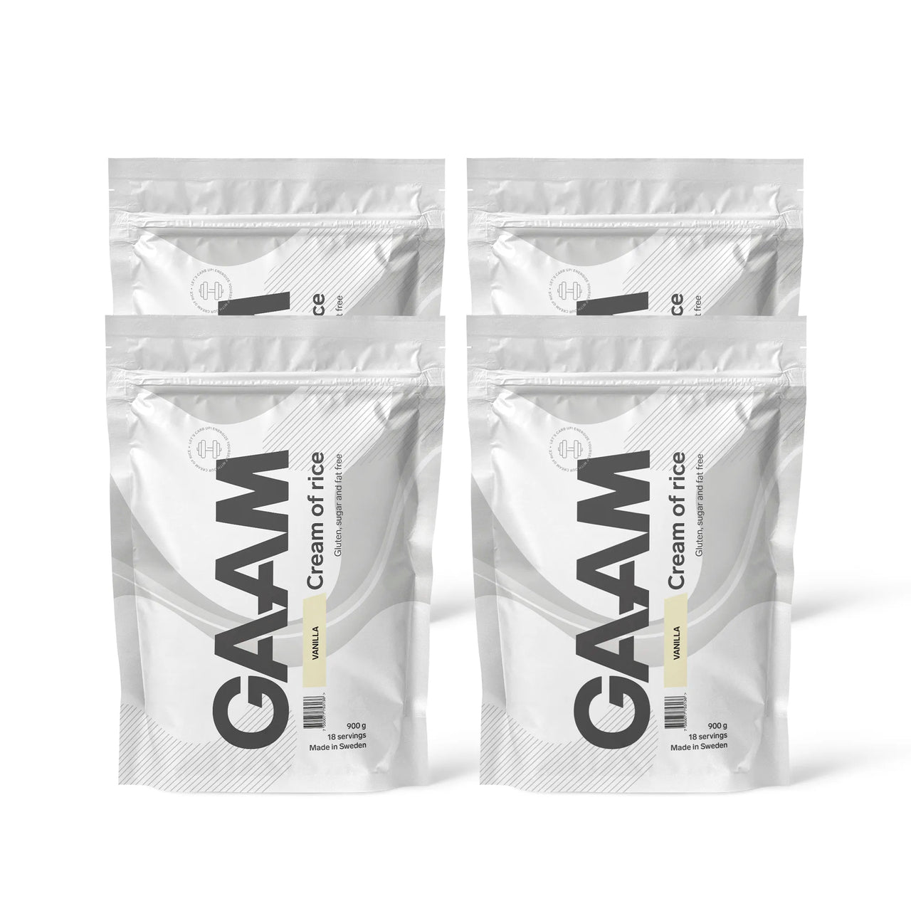 4 x GAAM Cream of Rice 900 g kolhydrater i fyra vita påsar med svarta detaljer för smaken Vanilla.