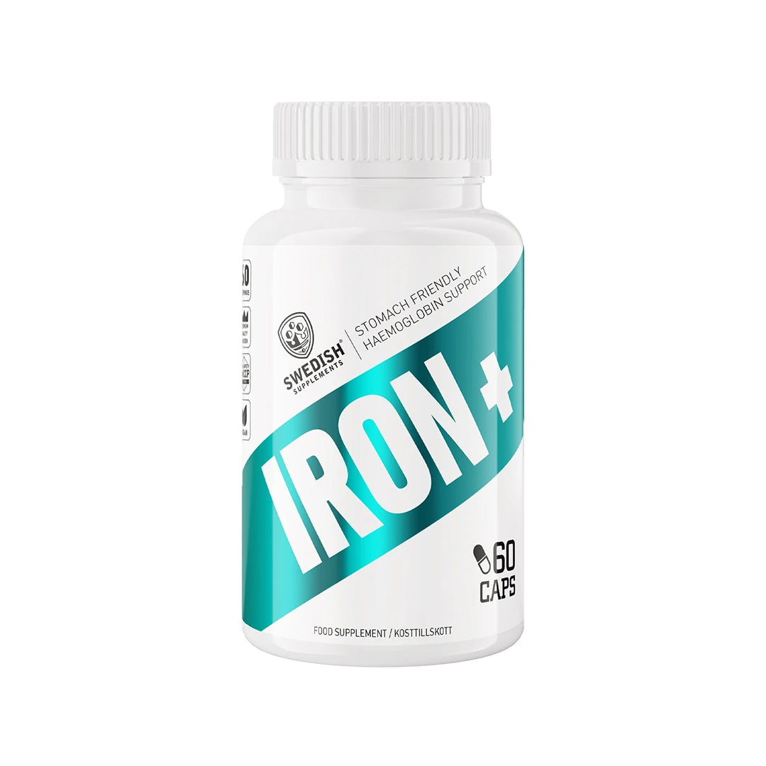 Swedish Supplements Iron Plus 60 caps i en vit plastburk med turkosa detaljer och svart text.