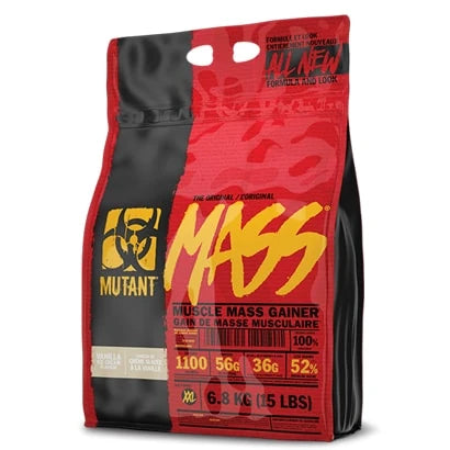Mutant Mass 2.2 kg gainer i en röd och svart påse med gul text och detaljer för smaken Vanilla Ice Cream.