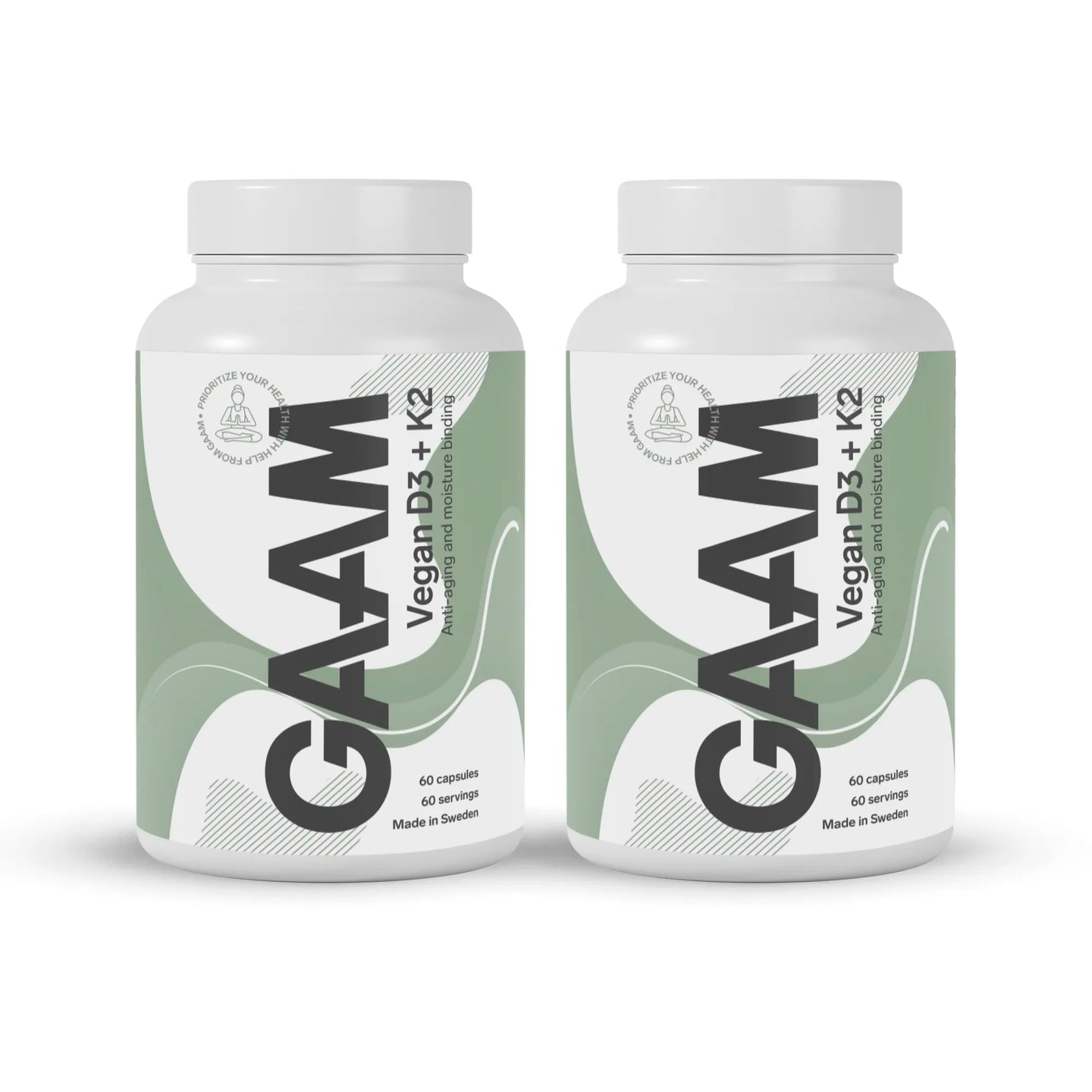 2 x GAAM Vegan D3 + K2 60 caps i två vita burkar med gröna och gråa detaljer.