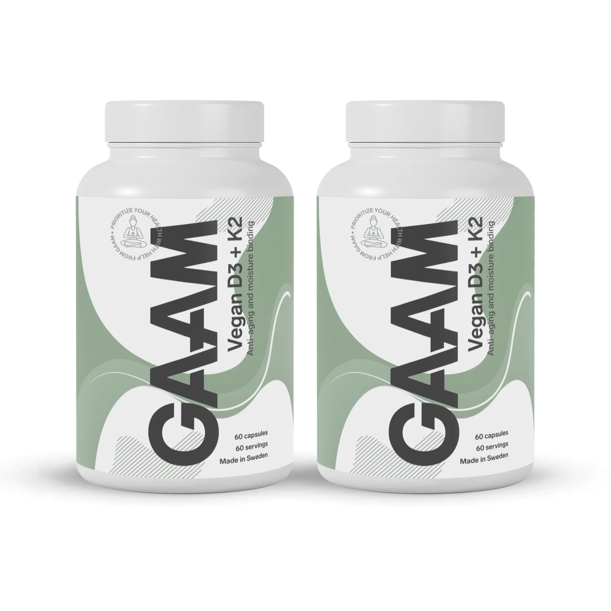 2 x GAAM Vegan D3 + K2 60 caps i två vita burkar med gröna och gråa detaljer.