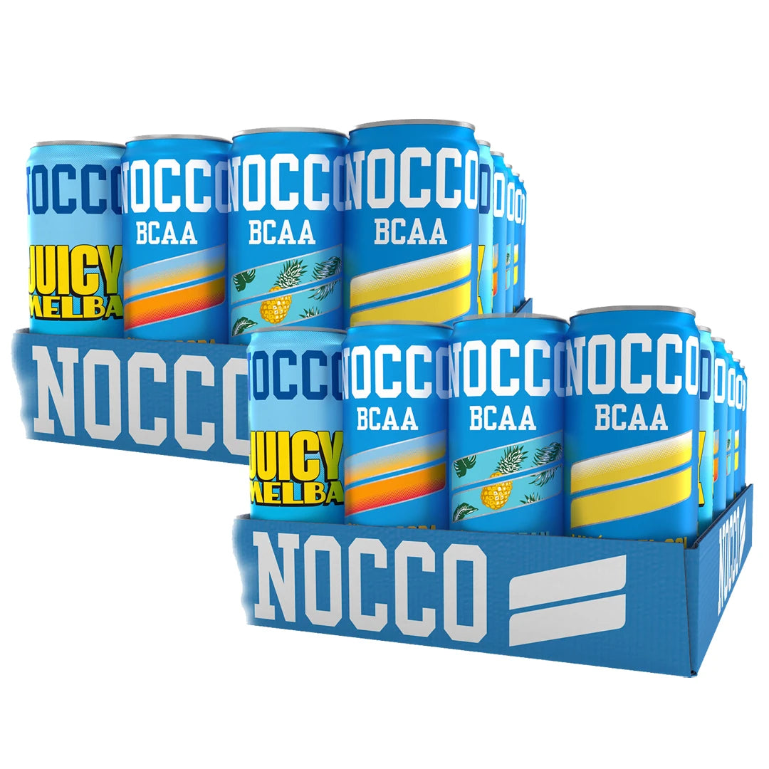 48 x NOCCO BCAA / BCAA+ 330 ml Mixflak bestående av två staplade blåa flak fyllda med färgglada energidrycksburkar.