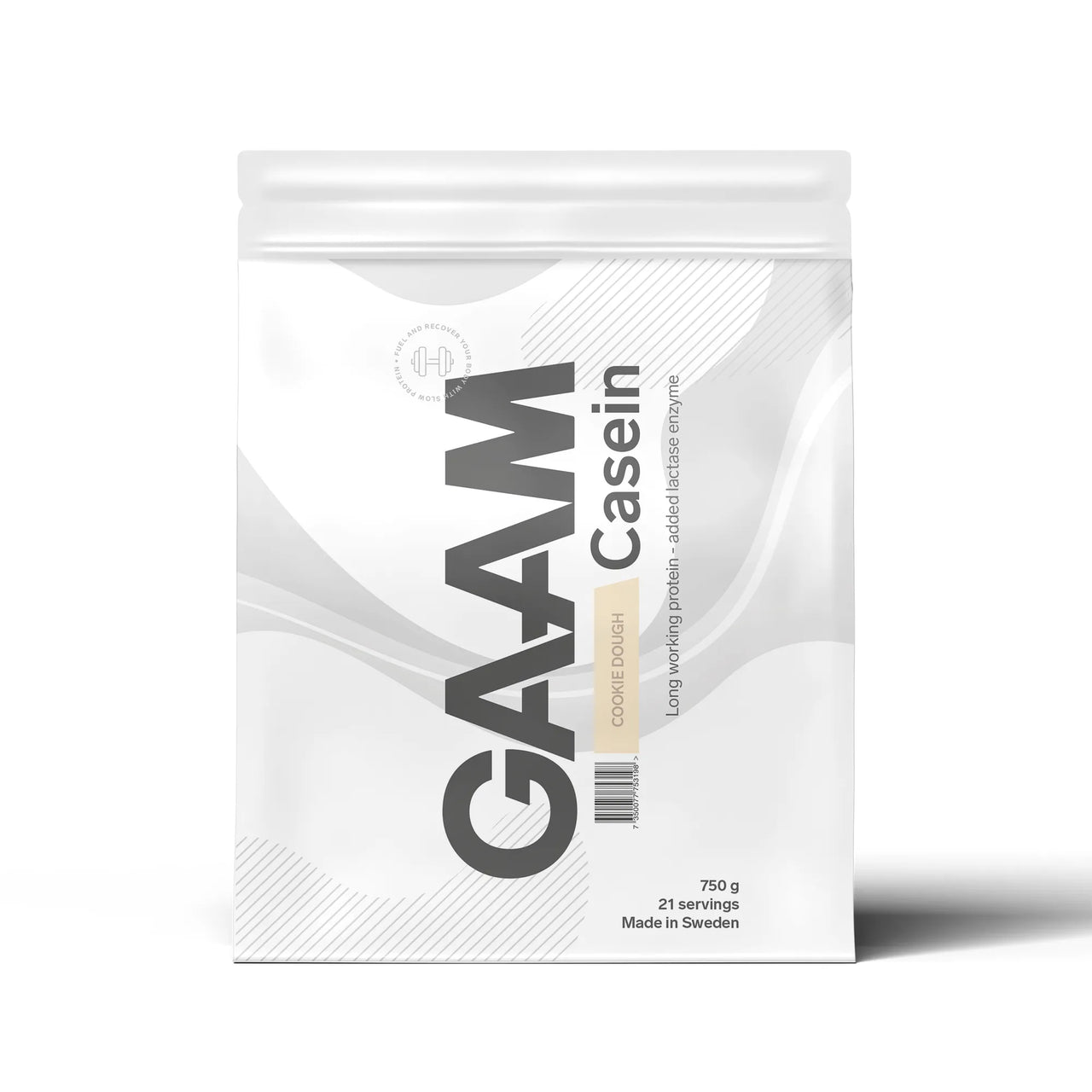 GAAM Casein 750 g kaseinprotein i en vit påse med grå detaljer för smaken Cookie Dough.