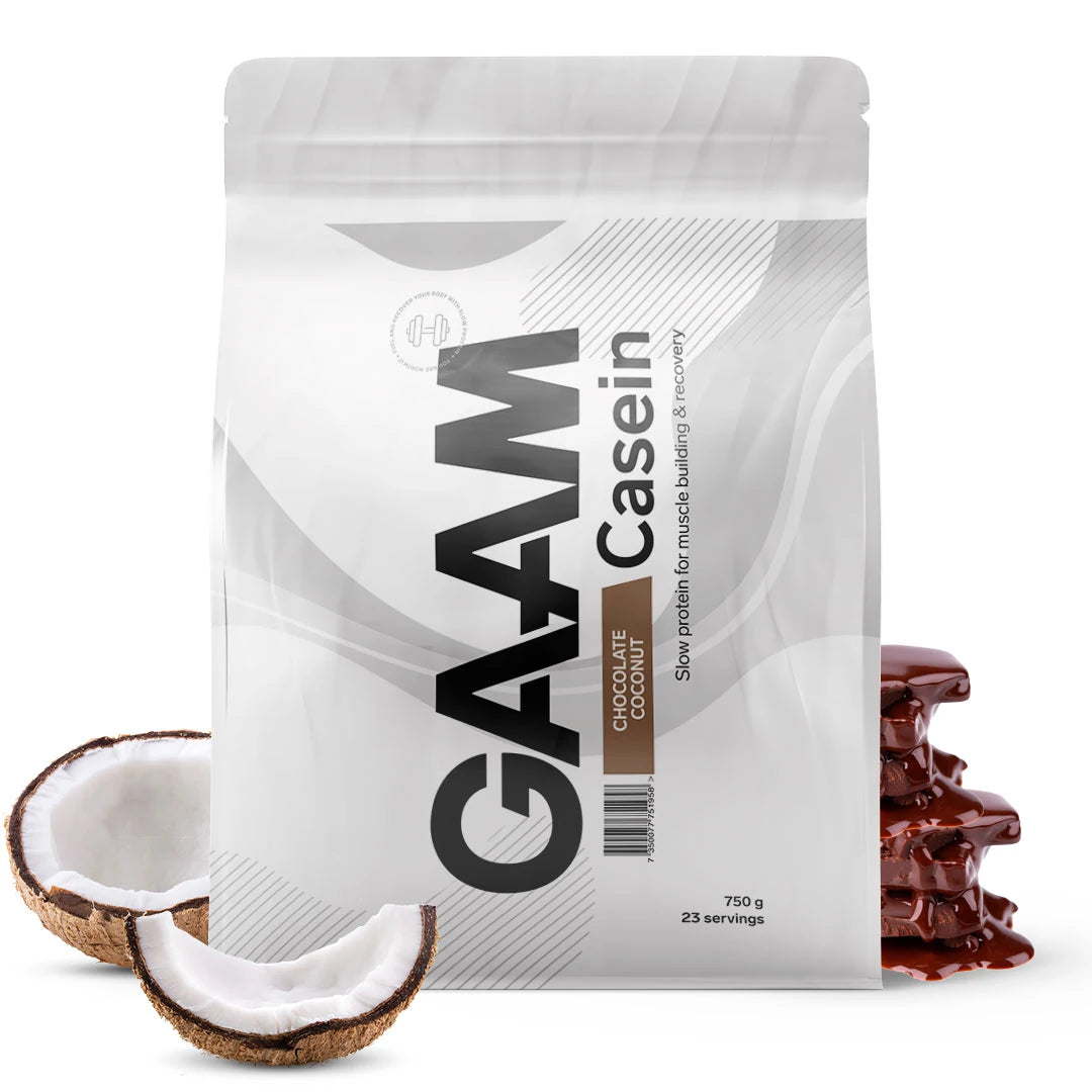 GAAM Casein 750 g kaseinprotein i en vit påse tillsammans med färsk kokos och choklad för smaken Chocolate Coconut., bild 3 av 9