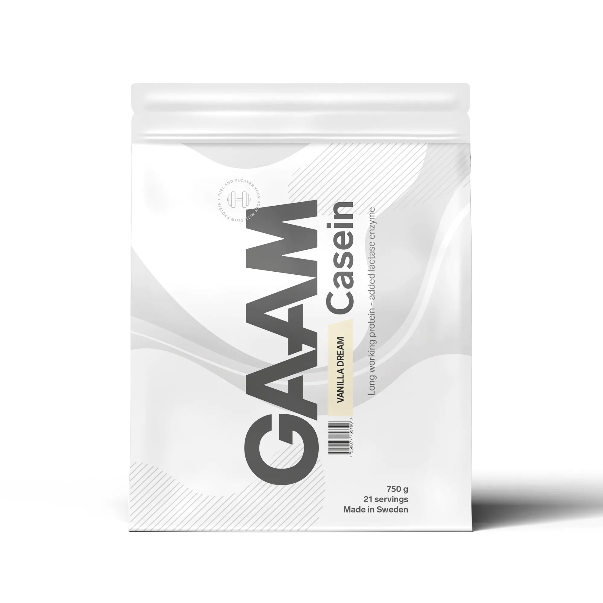 GAAM Casein 750 g kaseinprotein i en vit påse med grå detaljer för smaken Vanilla Dream., bild 6 av 9
