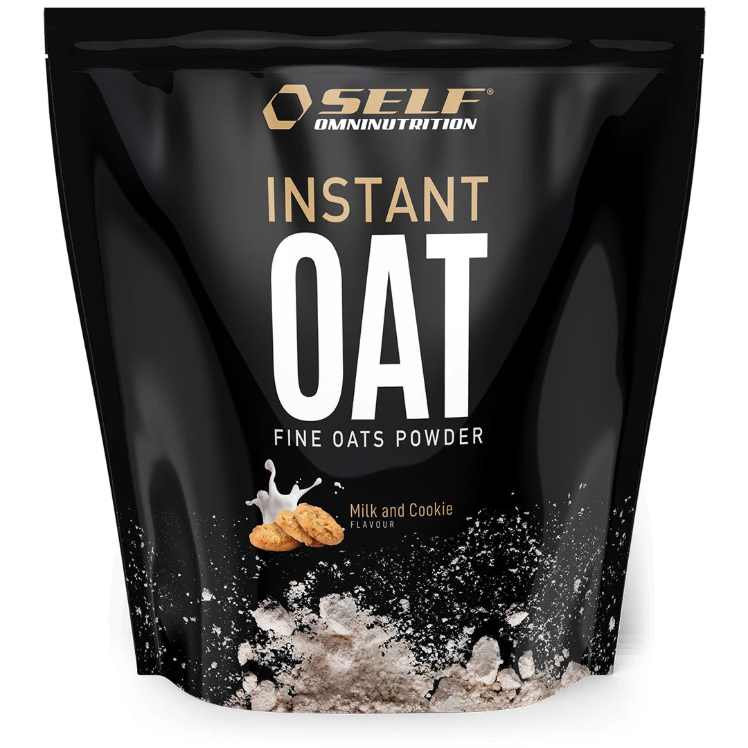 Self Omninutrition Instant Oat 1 kg havremjöl i en svart påse med kakor och mjölkstänk för smaken Milk &amp; Cookie., bild 6 av 14