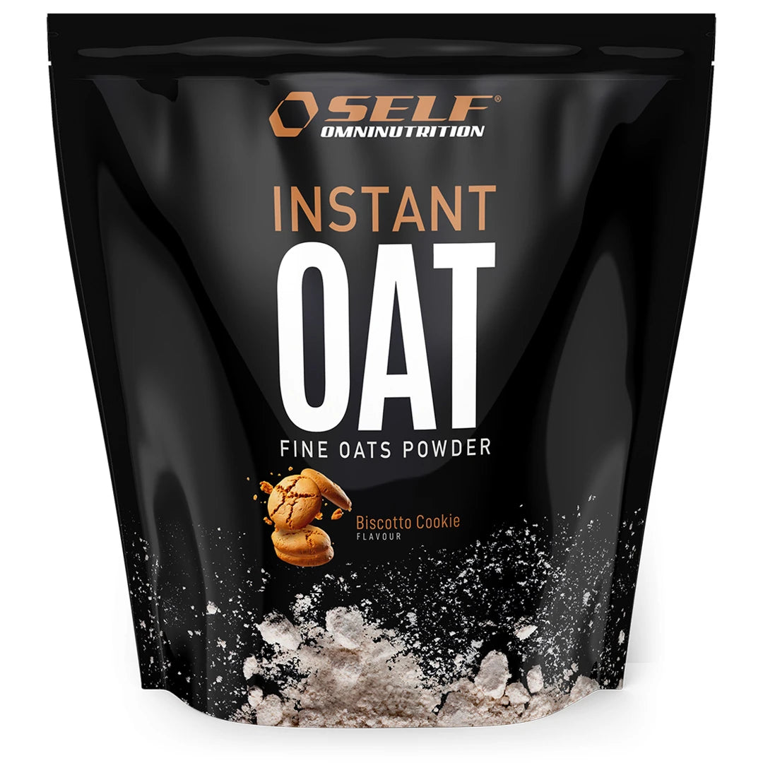 Self Omninutrition Instant Oat 1 kg havremjöl i en svart påse med illustration av kakor för smaken Biscotto Cookie., bild 10 av 14