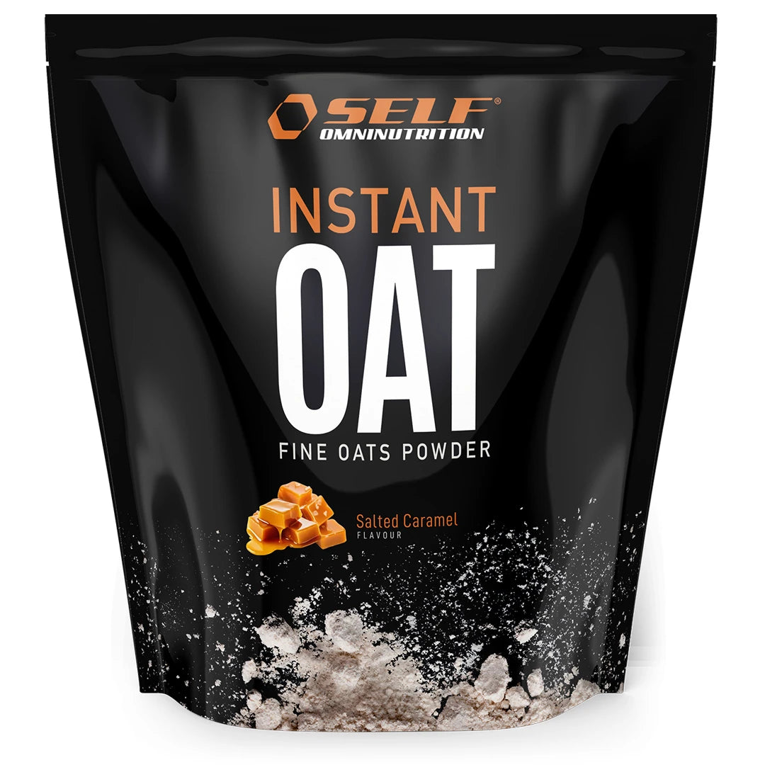 Self Omninutrition Instant Oat 1 kg havremjöl i en svart påse med karamelldetaljer och smaken Salted Caramel., bild 13 av 14
